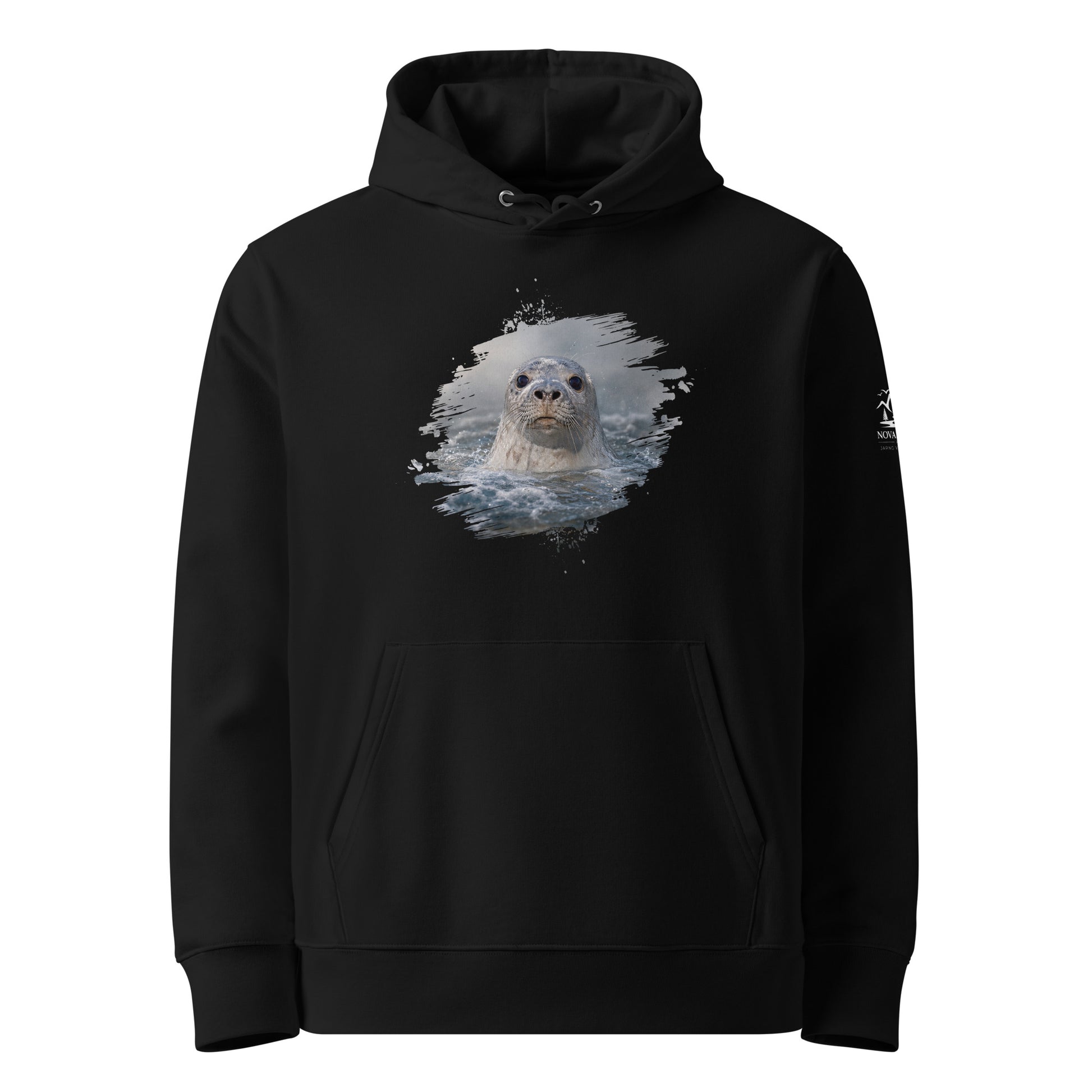 Detailed front view of the comfortable Baltic Grey Seal sustainable organic hoodie, showcasing the crisp and serene Baltic Sea wildlife art by Jarno Virtanen.