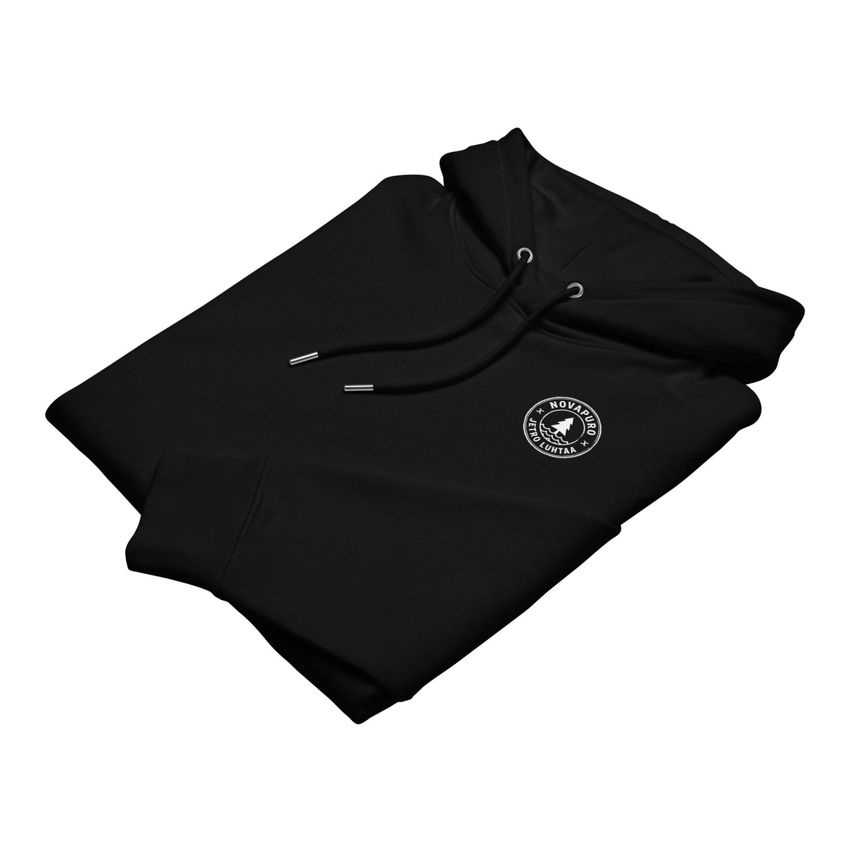 Folded black sustainable organic cotton hoodie highlighting the practical front pouch pocket, durable set-in sleeves, and a double-layered hood.