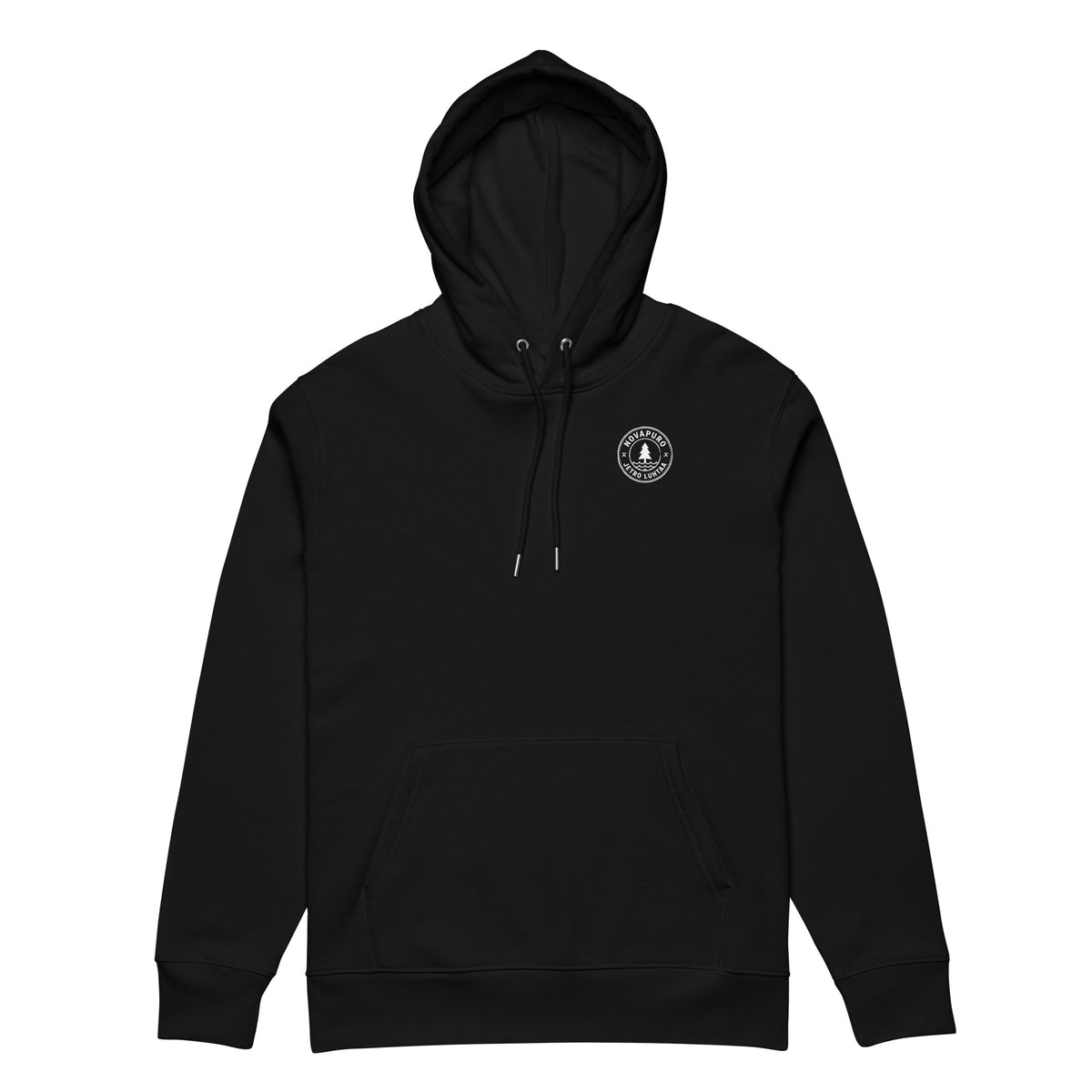 Front view of a blank black premium organic winter clothing hoodie designed with a comfortable fit and minimalist nature apparel style.