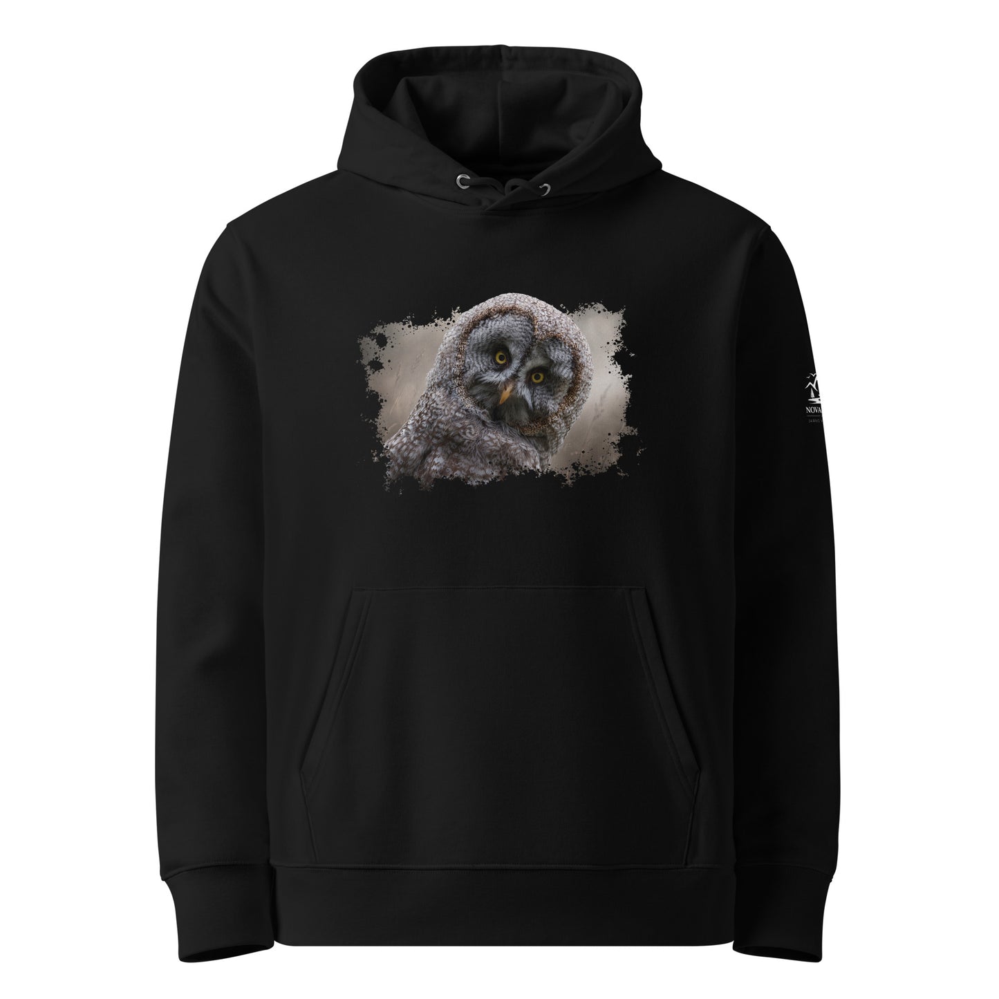 Black organic cotton hoodie featuring a Great Grey Owl wildlife photo print by Jarno Virtanen.