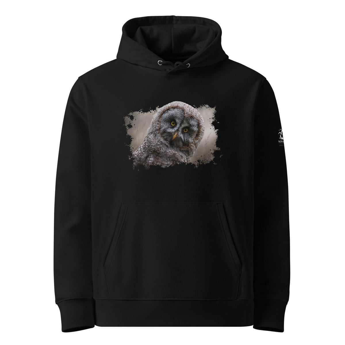 Black organic cotton hoodie featuring a Great Grey Owl wildlife photo print by Jarno Virtanen.
