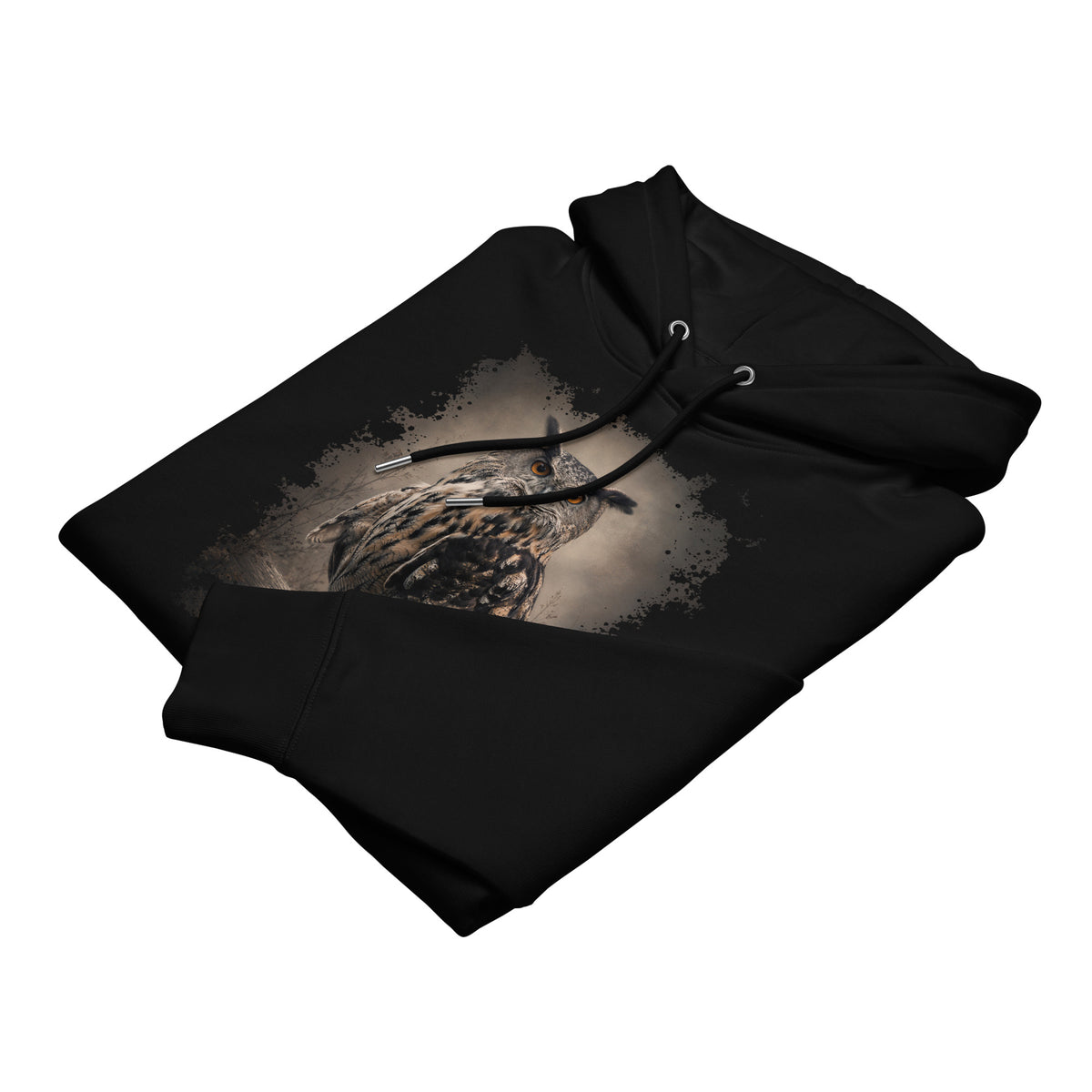 Close-up of the black Novapuro Eagle Owl eco hoodie showcasing the quality fabric and print.