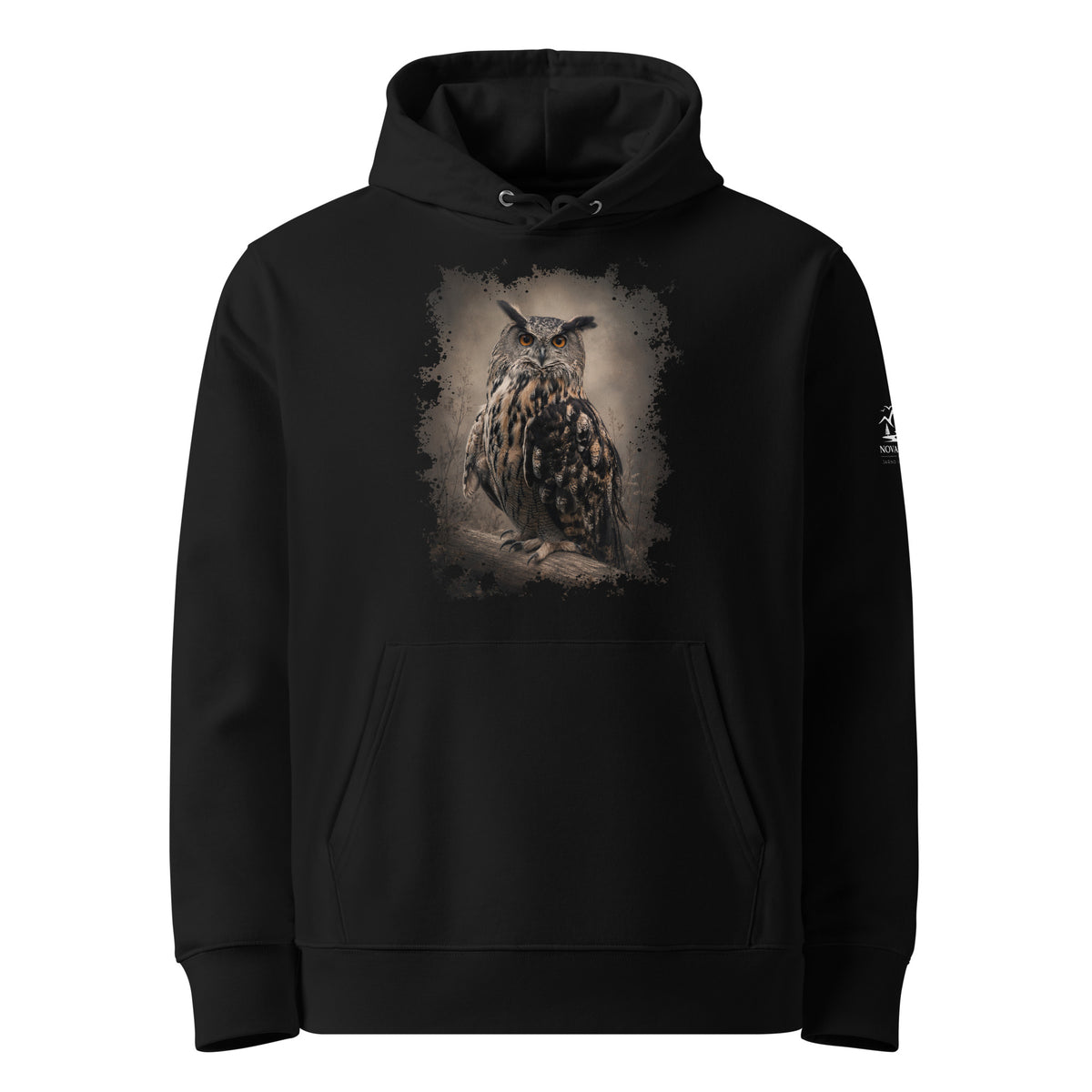 Front flat lay of the black Novapuro Eagle Owl organic hoodie highlighting the detailed wildlife print on the chest.