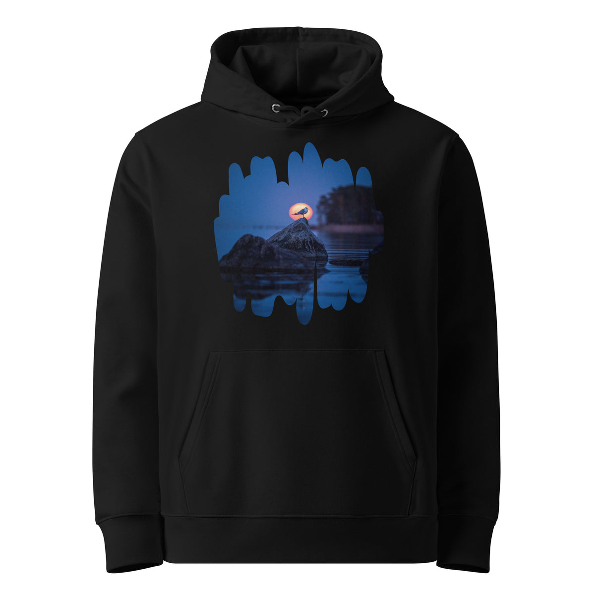 Front view of the black premium organic cotton eco hoodie displaying a stunning Nordic sunrise and bird silhouette print.