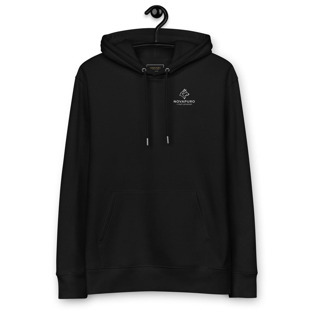 Front view of the Novapuro x Auli Leivonen organic eco hoodie in black, showing a minimalist wolf chest logo.