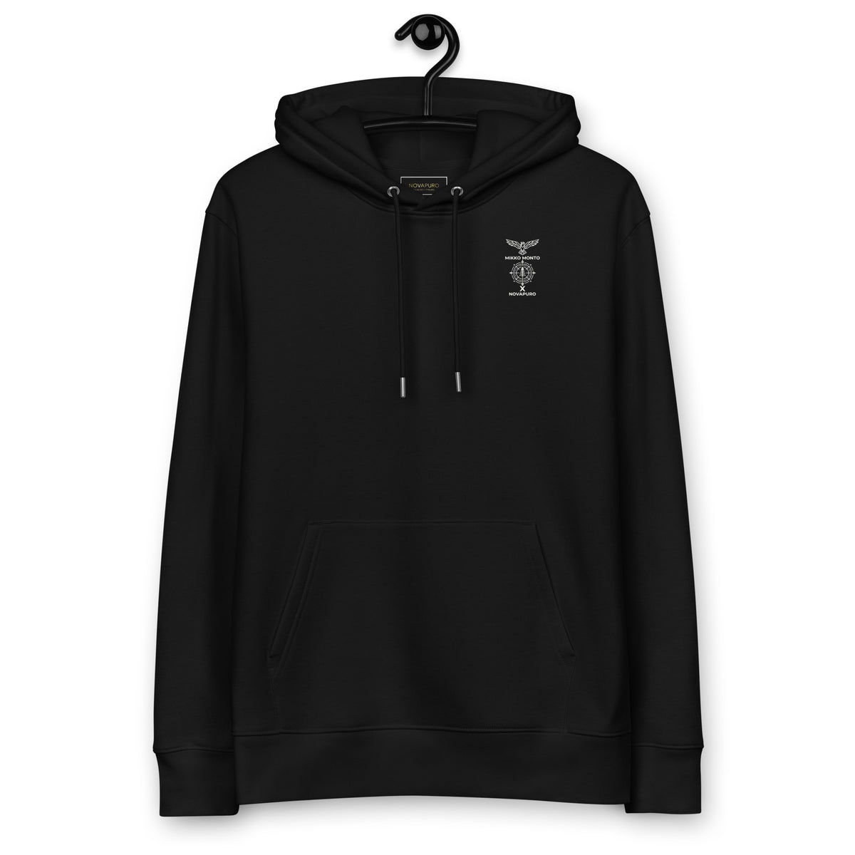Front view of the black organic cotton hoodie featuring a double-layered hood and front pouch pocket