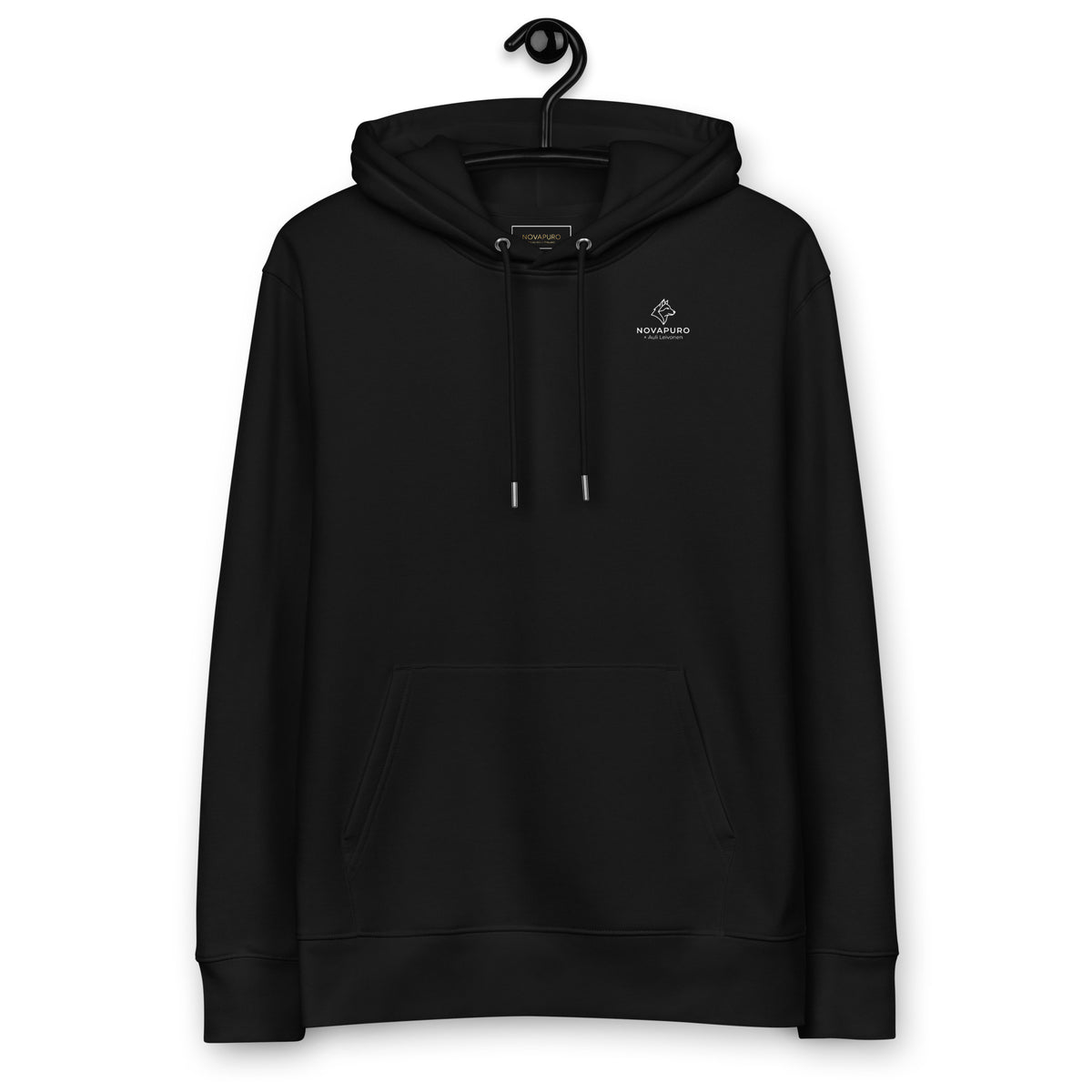 Front view of a blank black organic cotton hoodie on a hanger. A comfortable and sustainable everyday staple with a double-layered hood.