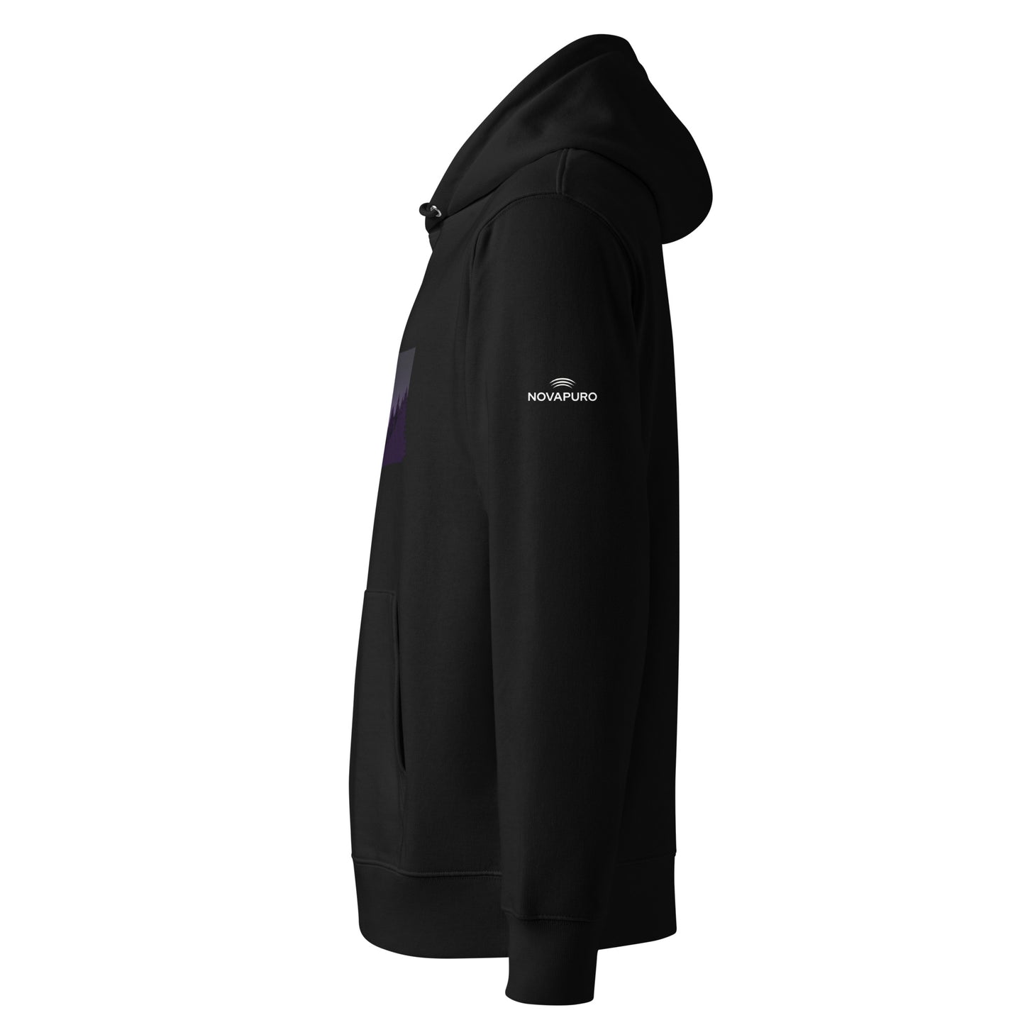 Side angle view of the Novapuro sustainable black hoodie, highlighting the comfortable regular fit and set-in sleeves.