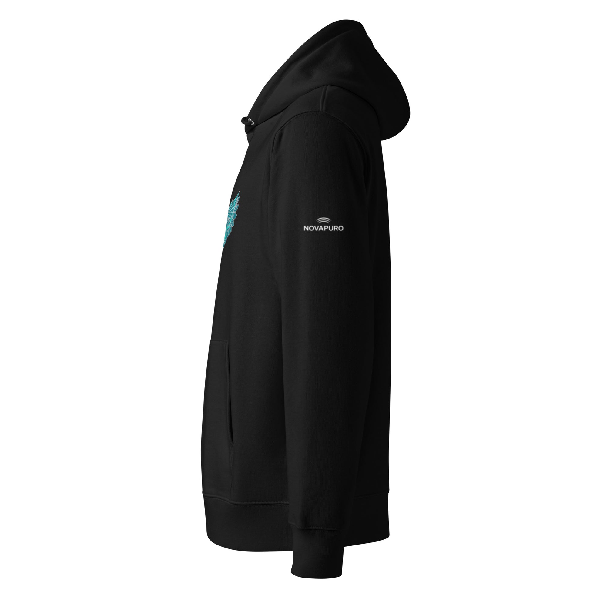 Side view of the eco-friendly Novapuro black hoodie showing the comfortable fit and set-in sleeves.