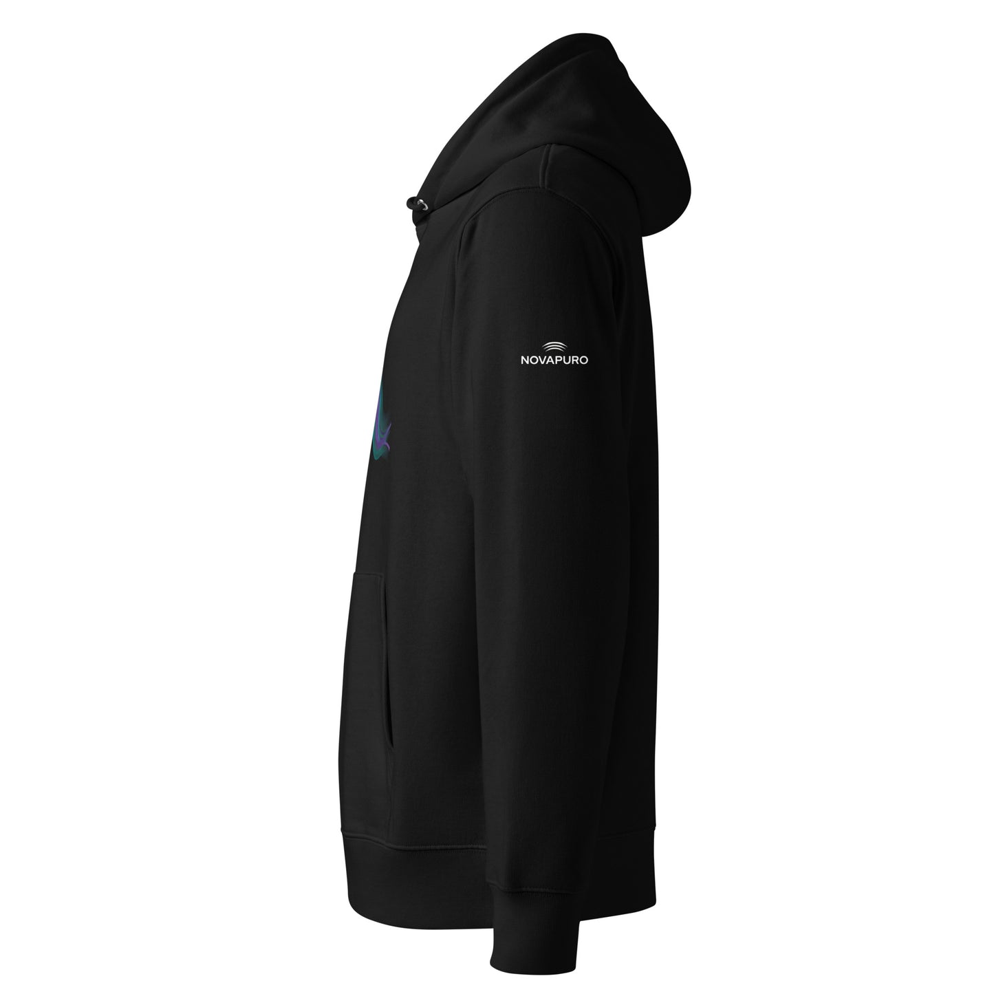 Side view of the comfortable black Novapuro organic hoodie showing the set-in sleeves.