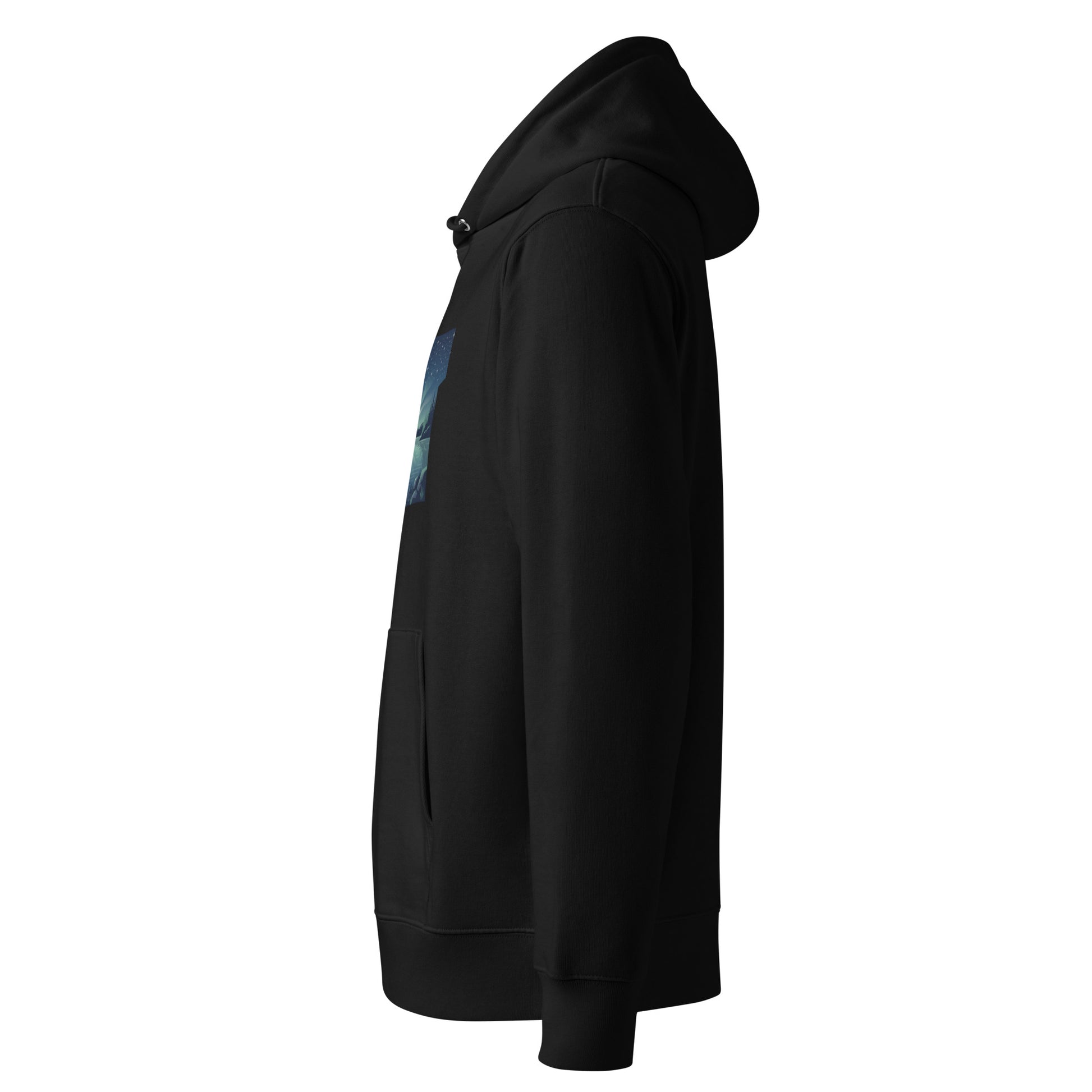Side angle of a black organic cotton hoodie, showing the comfortable regular fit and cozy double-layered hood.