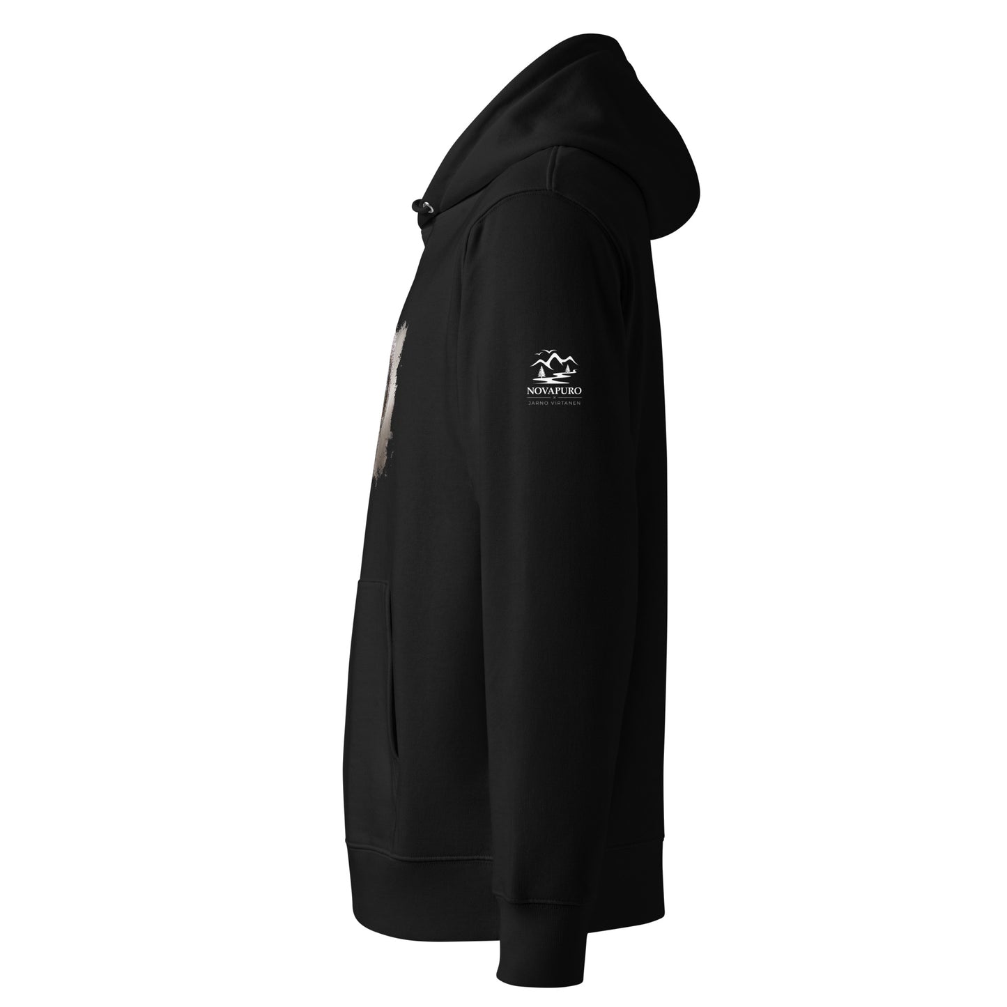 Side view of black Novapuro organic cotton hoodie showcasing relaxed fit and durable organic fabric.