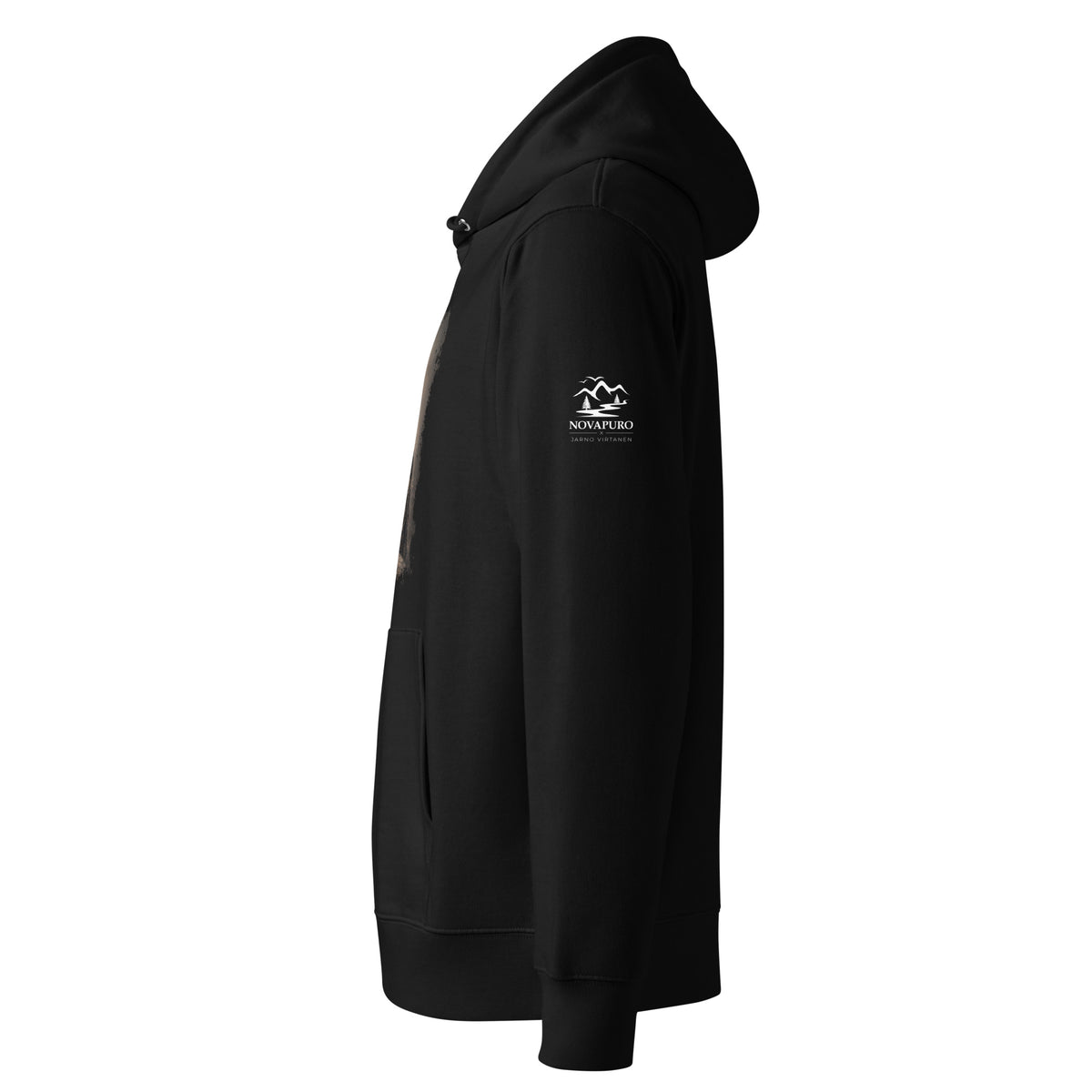 Front flat lay of the black Novapuro Eagle Owl organic hoodie highlighting the detailed wildlife print on the chest.