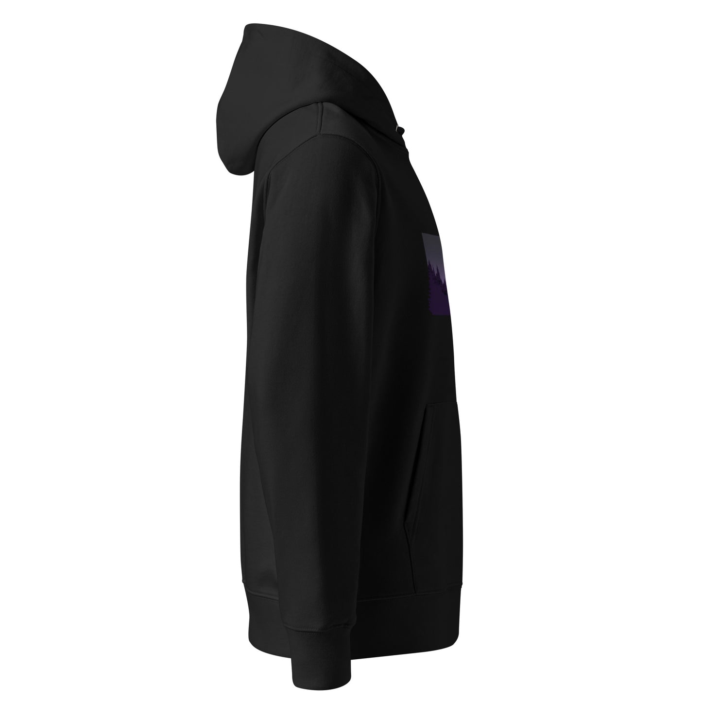 Side angle view of the Novapuro sustainable black hoodie, highlighting the comfortable regular fit and set-in sleeves.
