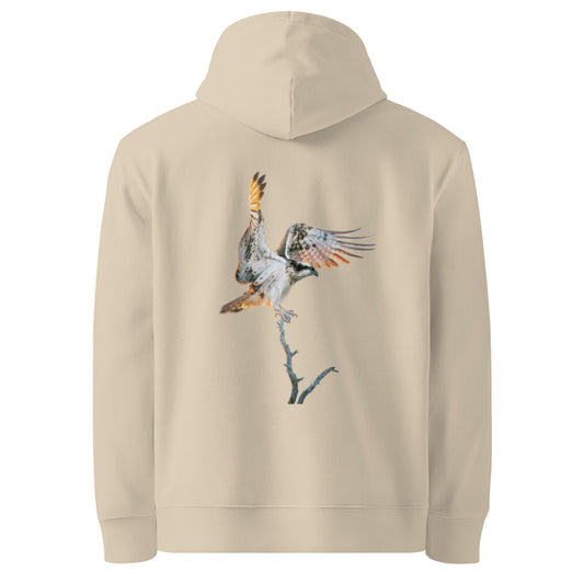 Back view of a sand-colored organic hoodie featuring Osprey wildlife stippling art.