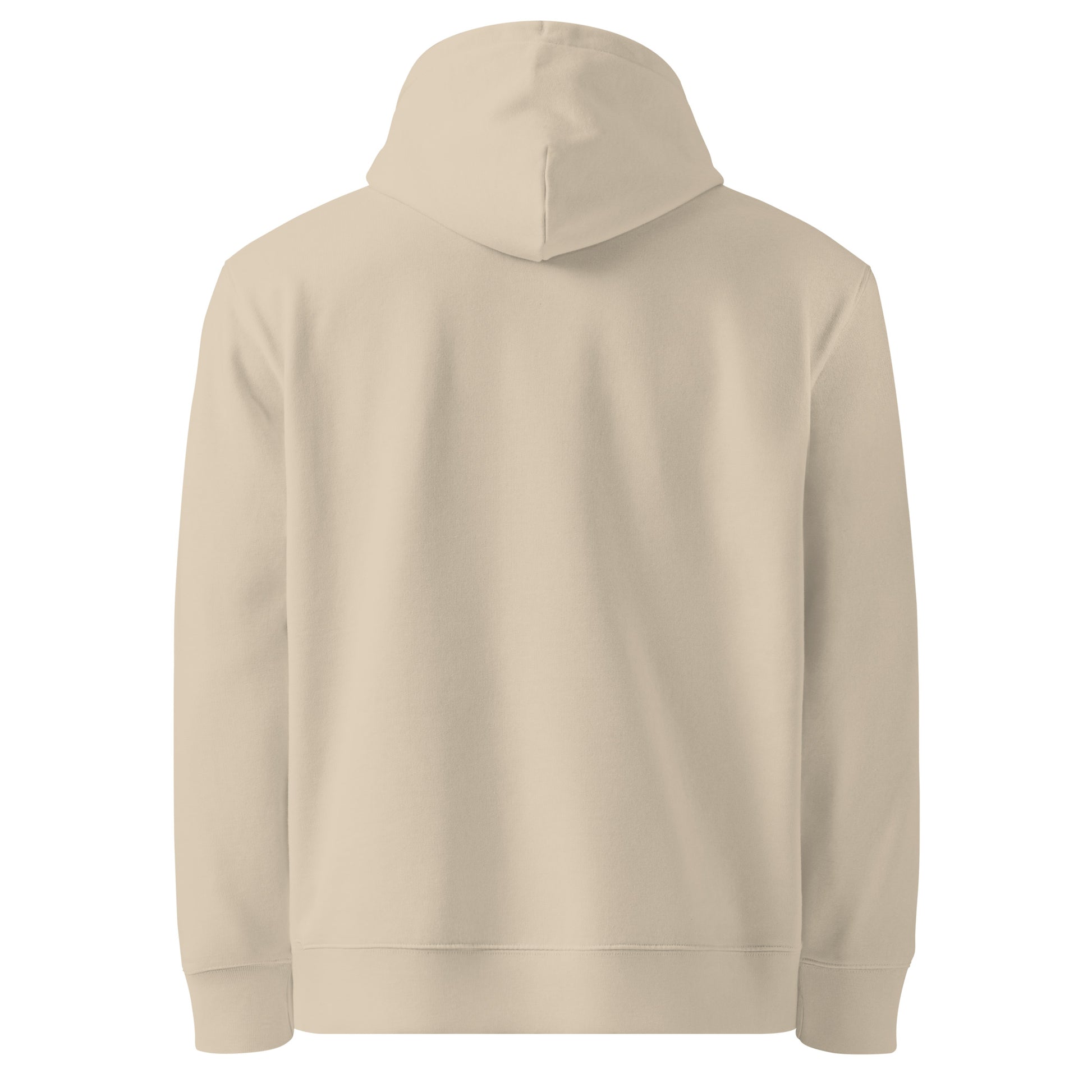 Back view of a blank desert dust beige heavyweight eco-friendly organic cotton hoodie.