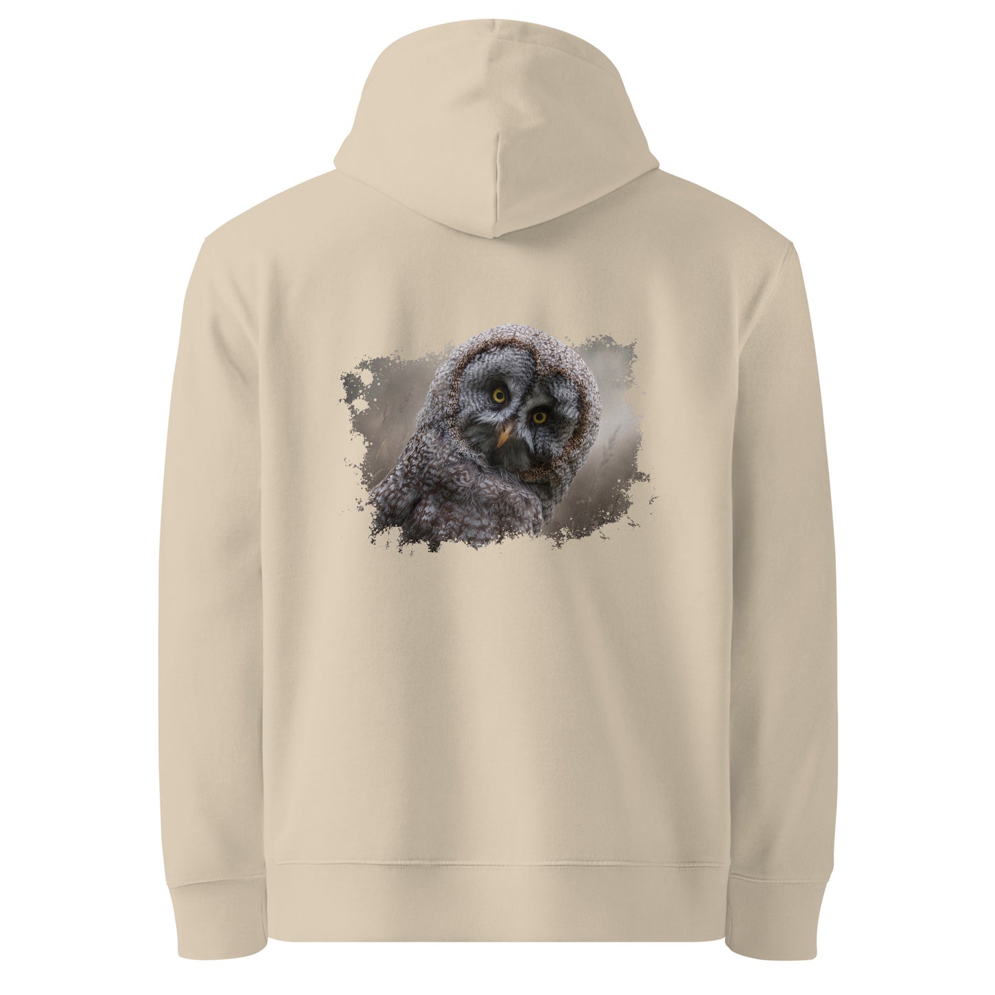 Back view of the Desert Dust Novapuro organic cotton hoodie featuring an authentic Great Grey Owl wildlife illustration by Jarno Virtanen
