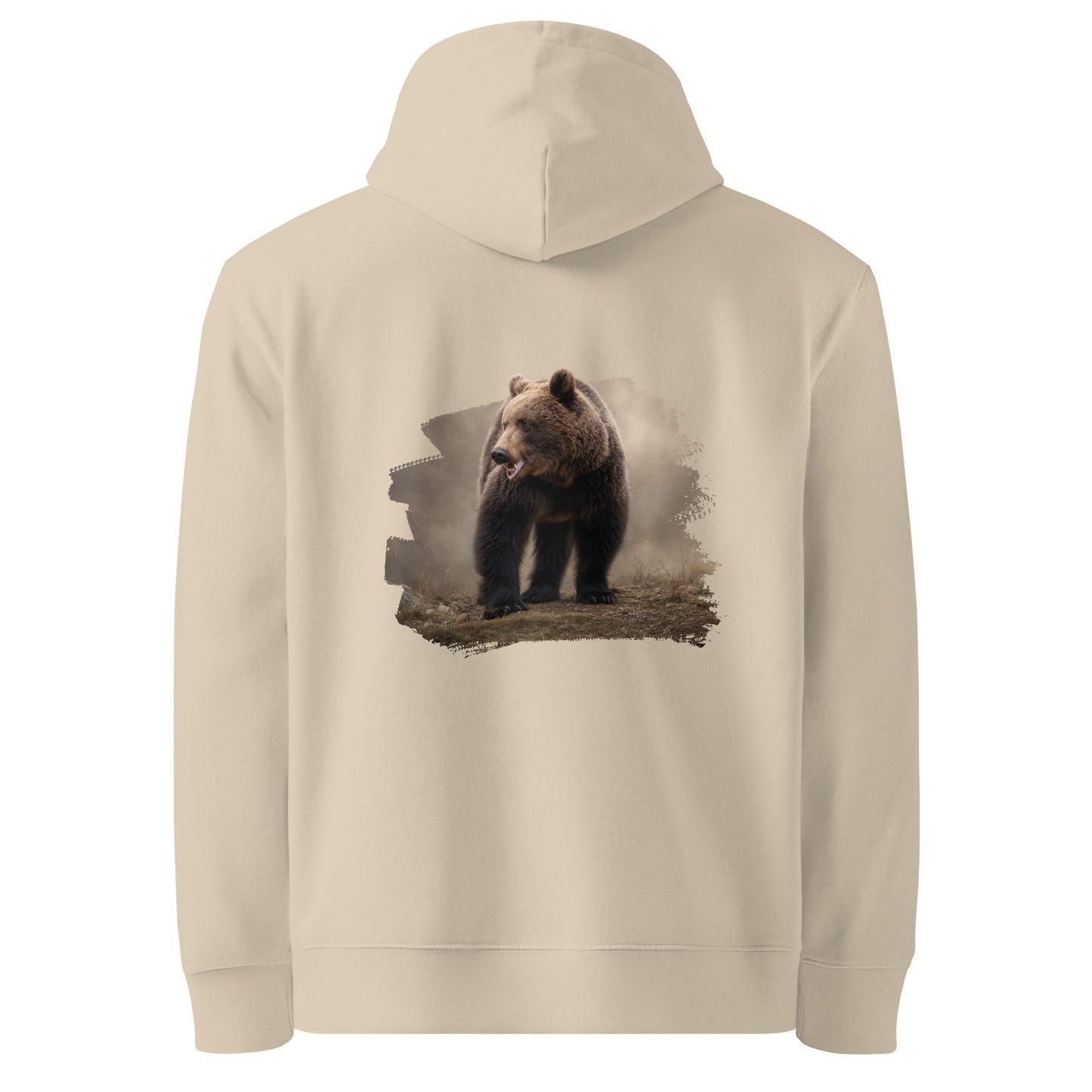 Back view of the Desert Dust Novapuro organic cotton hoodie featuring an authentic Nordic brown bear wildlife illustration by Jarno Virtanen