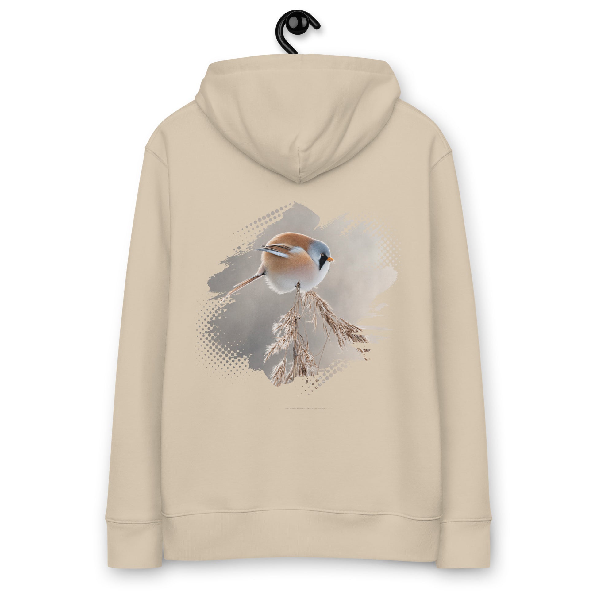 Back view of the Desert Dust Novapuro organic cotton hoodie featuring an authentic Bearded Reedling bird wildlife illustration by Jarno Virtanen