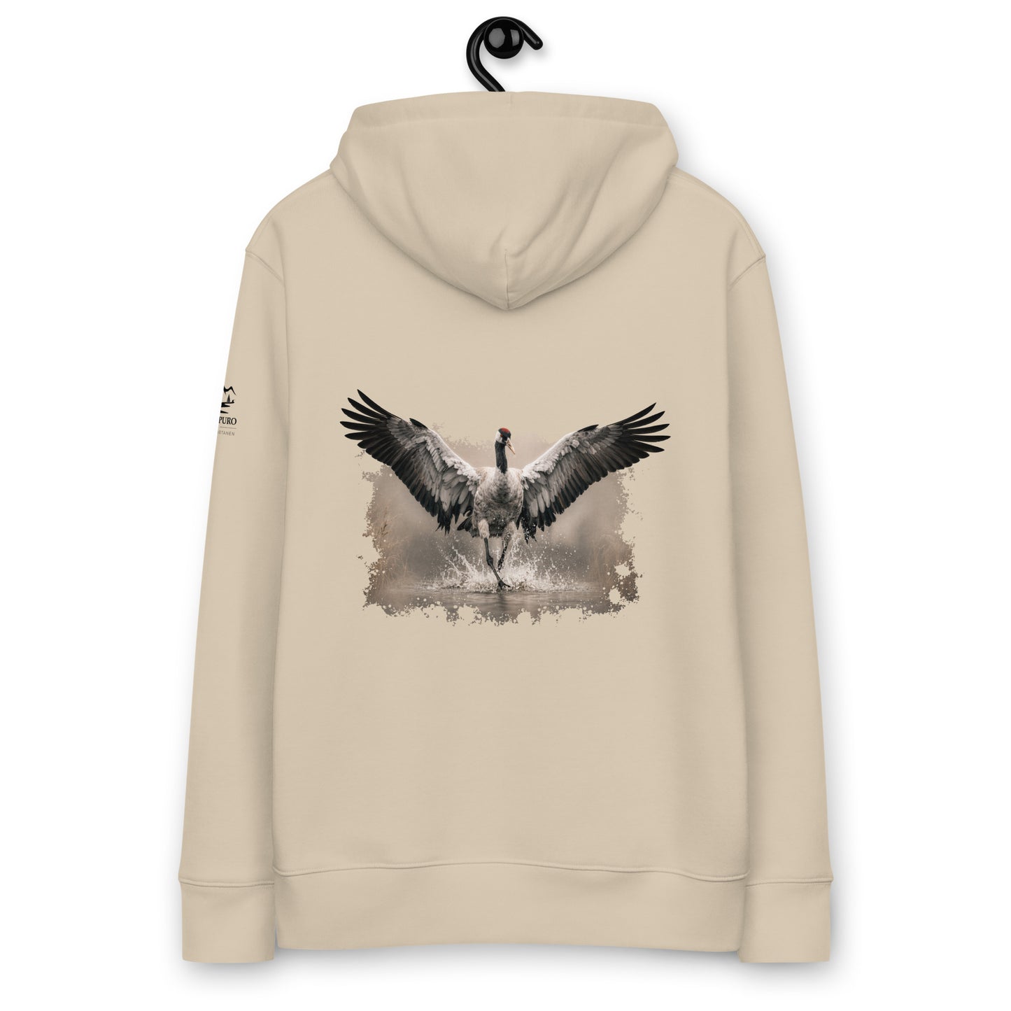 Back view of a sand-colored Novapuro organic eco hoodie featuring The Dancing Crane wildlife print by Jarno Virtanen. Sustainable Nordic apparel.