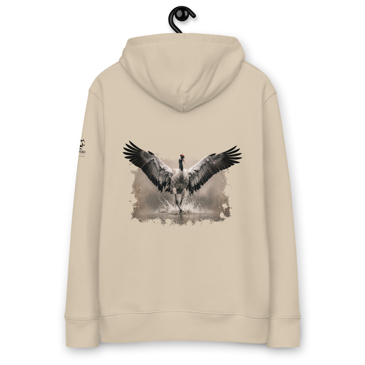 Back view of a sand-colored Novapuro organic eco hoodie featuring The Dancing Crane wildlife print by Jarno Virtanen. Sustainable Nordic apparel.