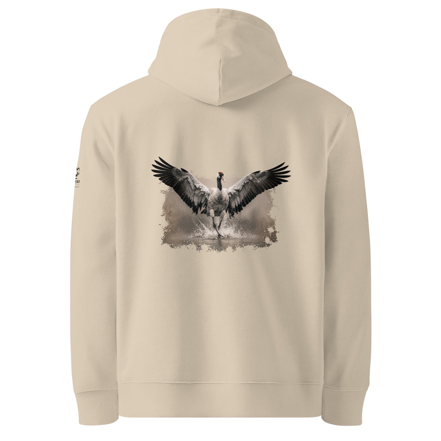 Back view of the sand-colored organic cotton hoodie featuring an authentic dancing crane wildlife photograph by Jarno Virtanen.