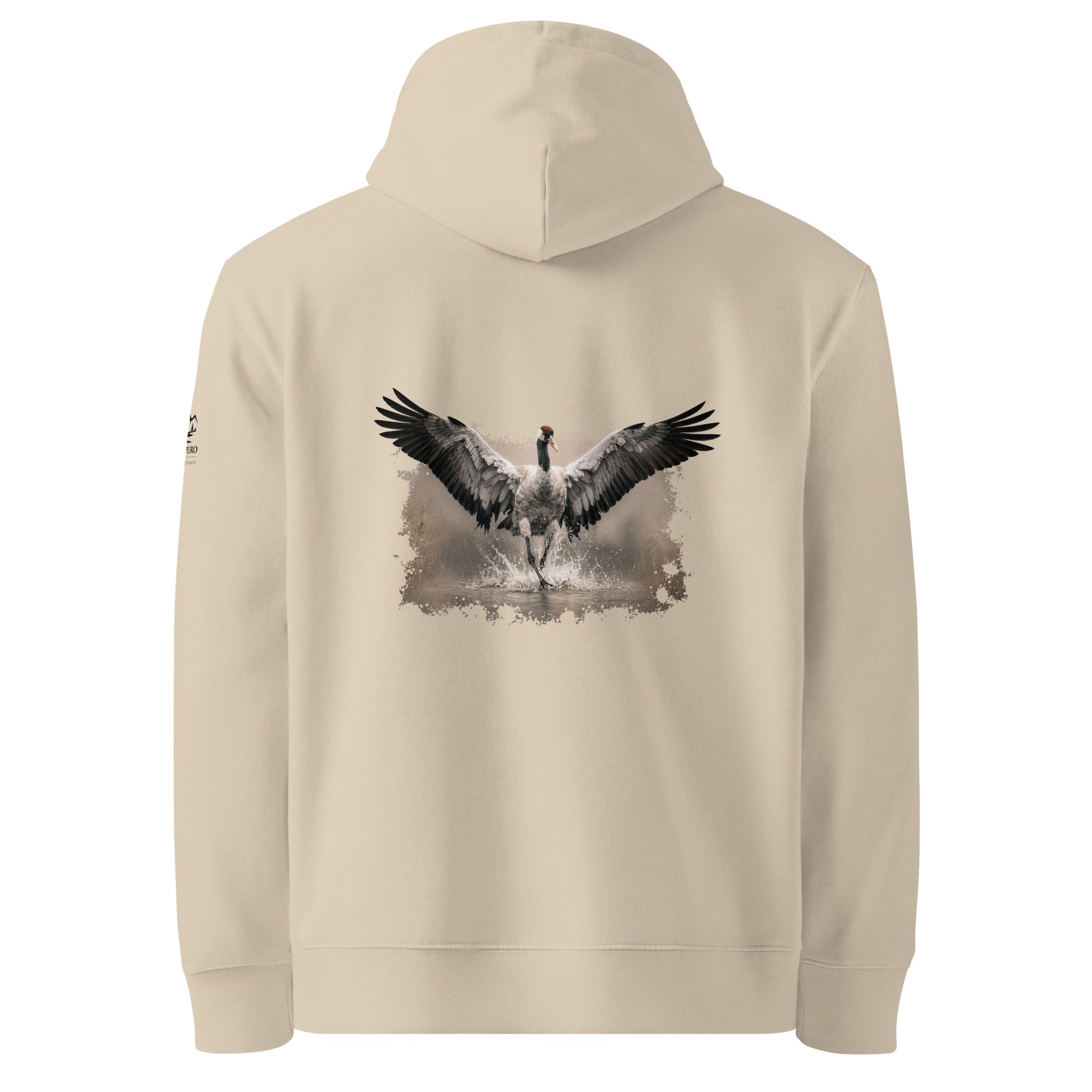 Back view of the sand-colored organic cotton hoodie featuring an authentic dancing crane wildlife photograph by Jarno Virtanen.