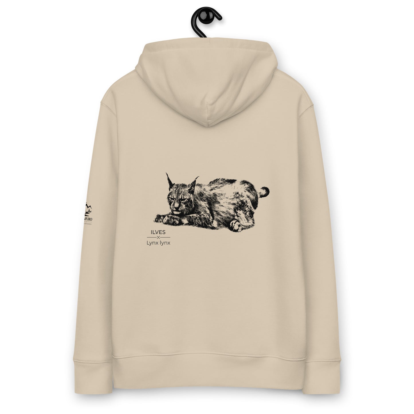 Back view of a sand-colored Novapuro organic eco hoodie featuring The Northern Phantom Lynx wildlife print by Jarno Virtanen. Sustainable Nordic apparel.