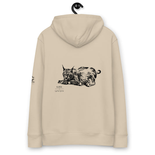 Back view of a sand-colored Novapuro organic eco hoodie featuring The Northern Phantom Lynx wildlife print by Jarno Virtanen. Sustainable Nordic apparel.