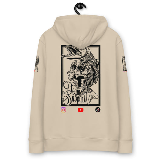 Sand colored Team Snöpäri organic eco hoodie from the back, featuring the large dark classic Team Snöpäri logo, Novapuro sustainable Nordic streetwear.   