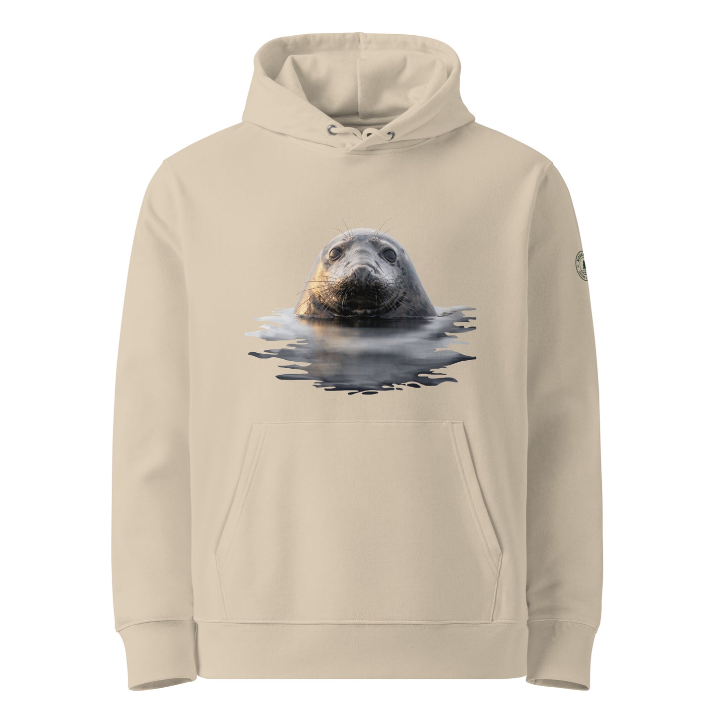 Front view of the sand-colored Jetro Luhtaa x Novapuro organic hoodie featuring a stunning Saimaa Ringed Seal photography print.