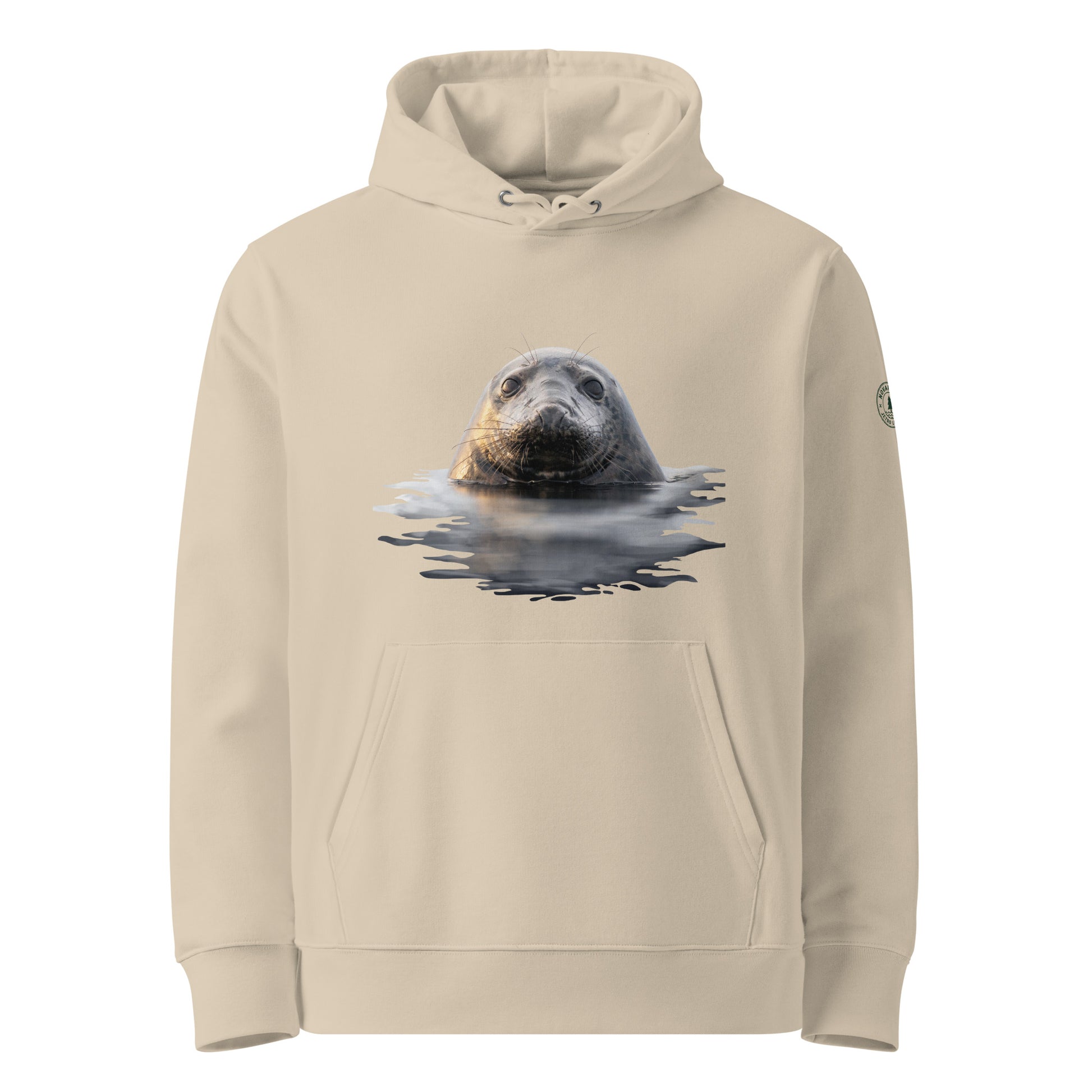 Front view of the sand-colored Jetro Luhtaa x Novapuro organic hoodie featuring a stunning Saimaa Ringed Seal photography print.