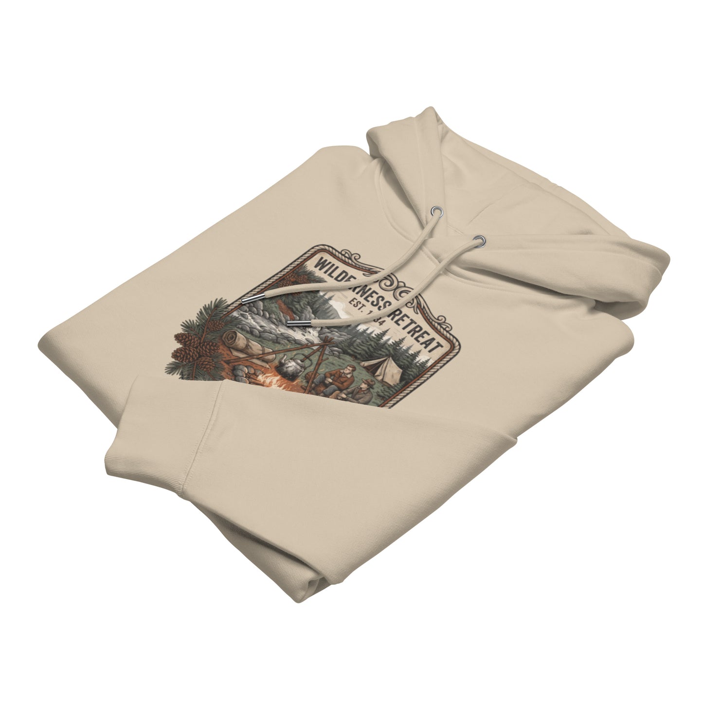 Folded desert dust beige sustainable organic hoodie highlighting the vintage camping illustration and premium fabric quality.