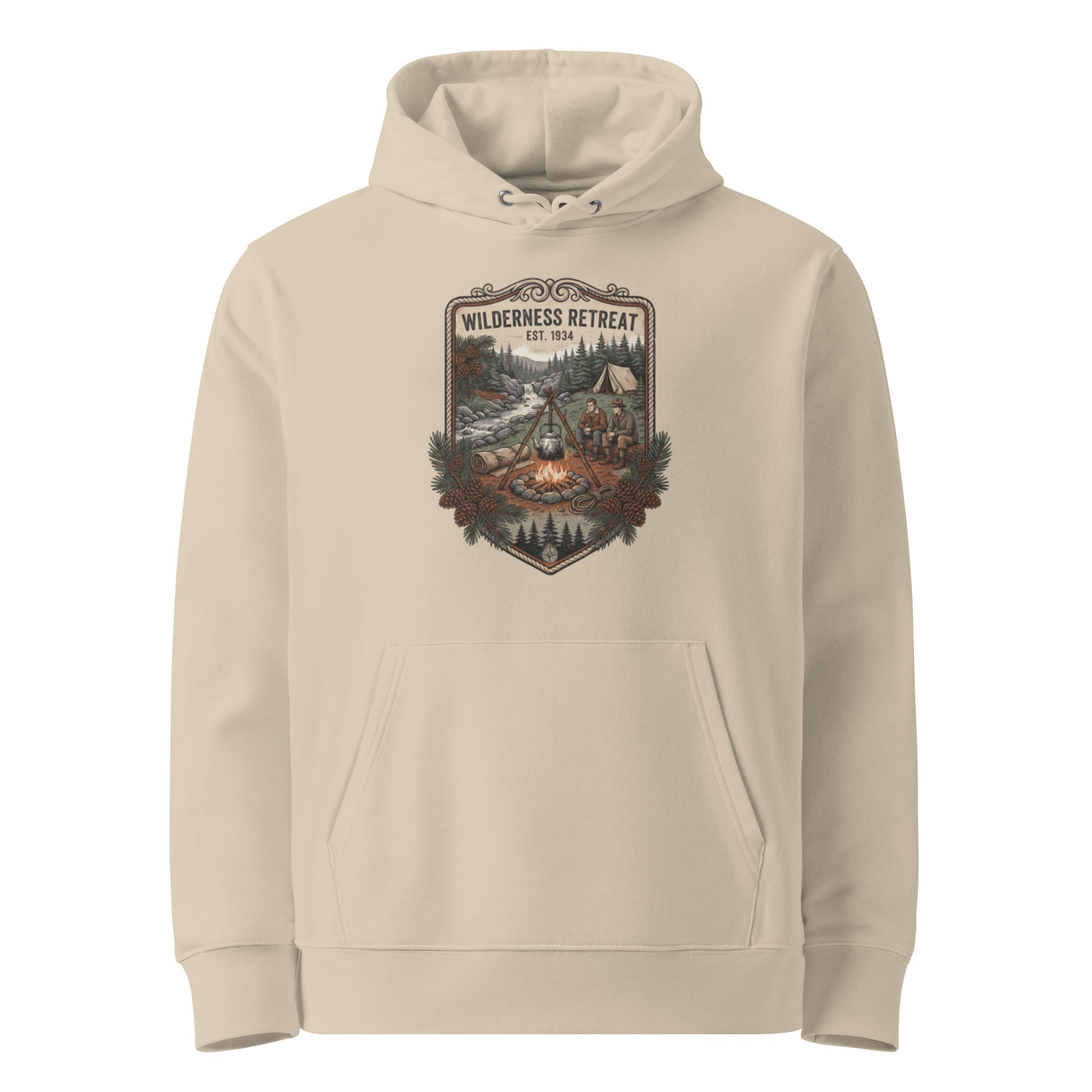 Front view of a desert dust beige sustainable organic cotton hoodie featuring a detailed vintage Wilderness Retreat camping graphic.