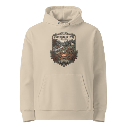 Front view of a desert dust beige sustainable organic cotton hoodie featuring a detailed vintage Wilderness Retreat camping graphic.