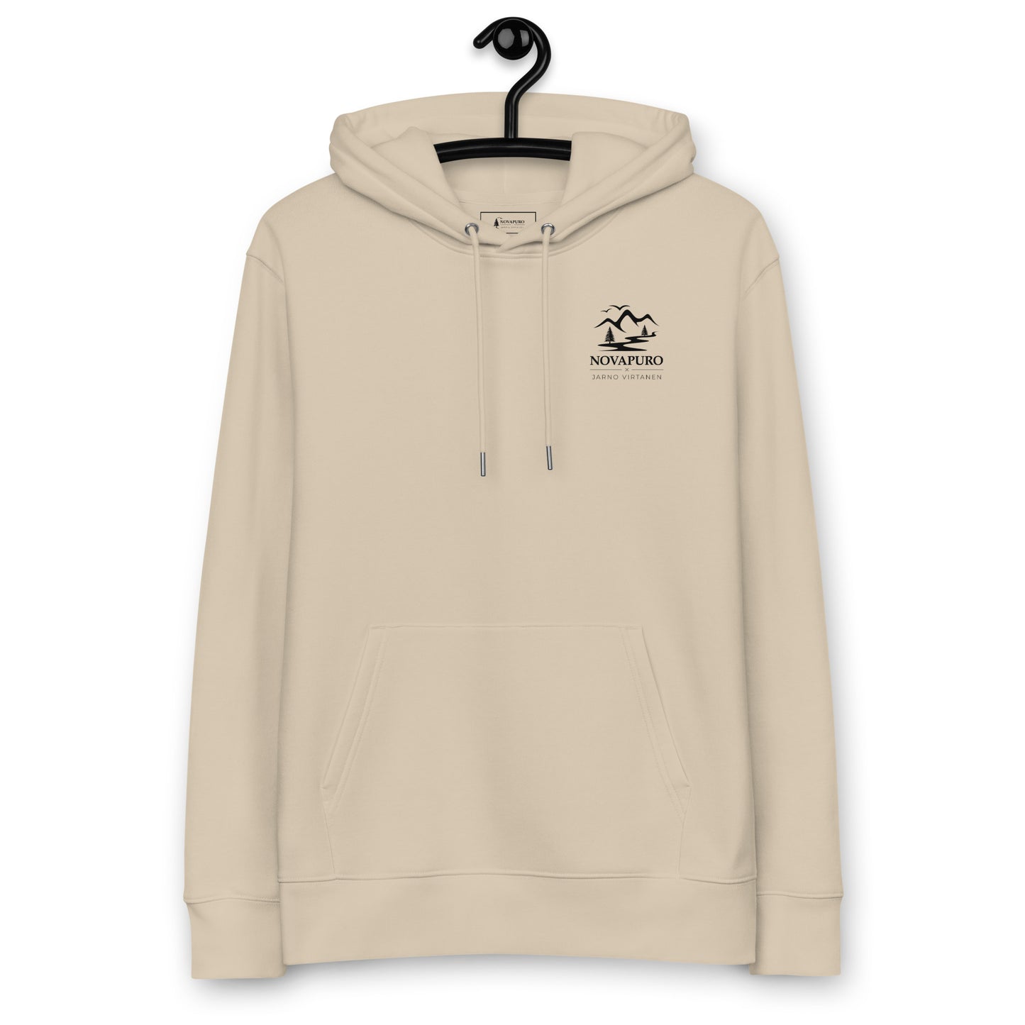 Front view of the Desert Dust Novapuro x Jarno Virtanen organic cotton eco hoodie showing a subtle Nordic mountain emblem on the chest