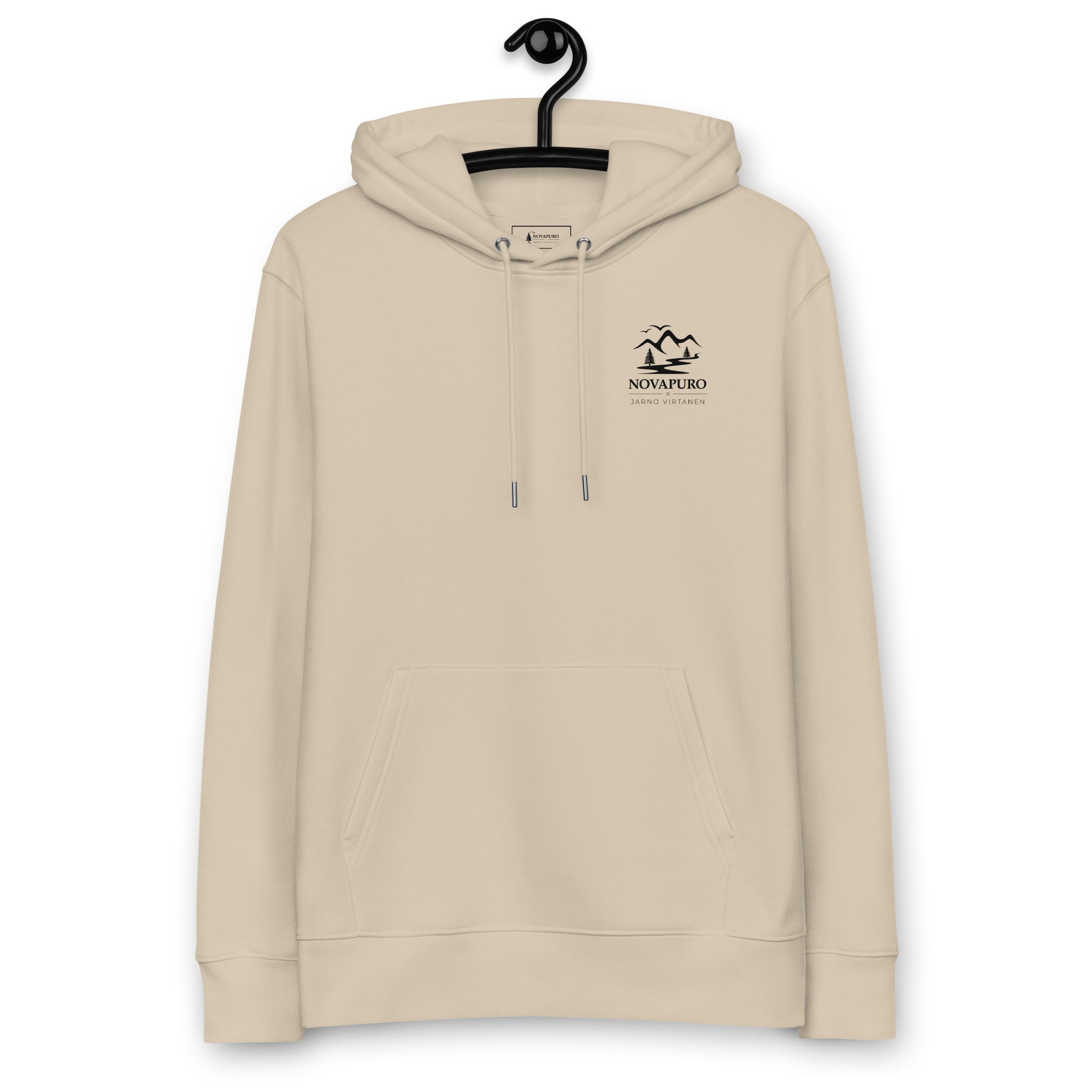 Front view of the Desert Dust Novapuro x Jarno Virtanen organic cotton eco hoodie showing a subtle Nordic mountain emblem on the chest