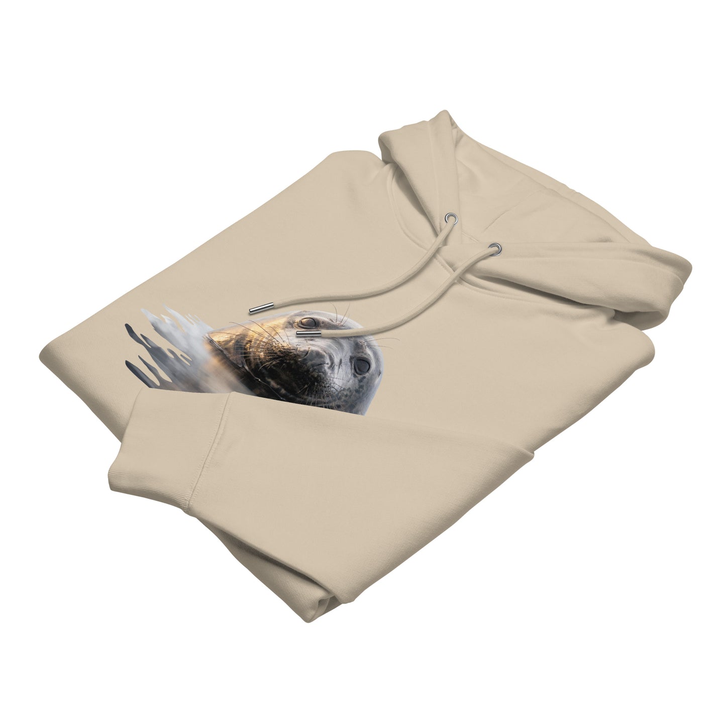 Folded sand-colored premium organic cotton hoodie highlighting the minimalist Finnish nature design, durable set-in sleeves, and a practical front pouch pocket.