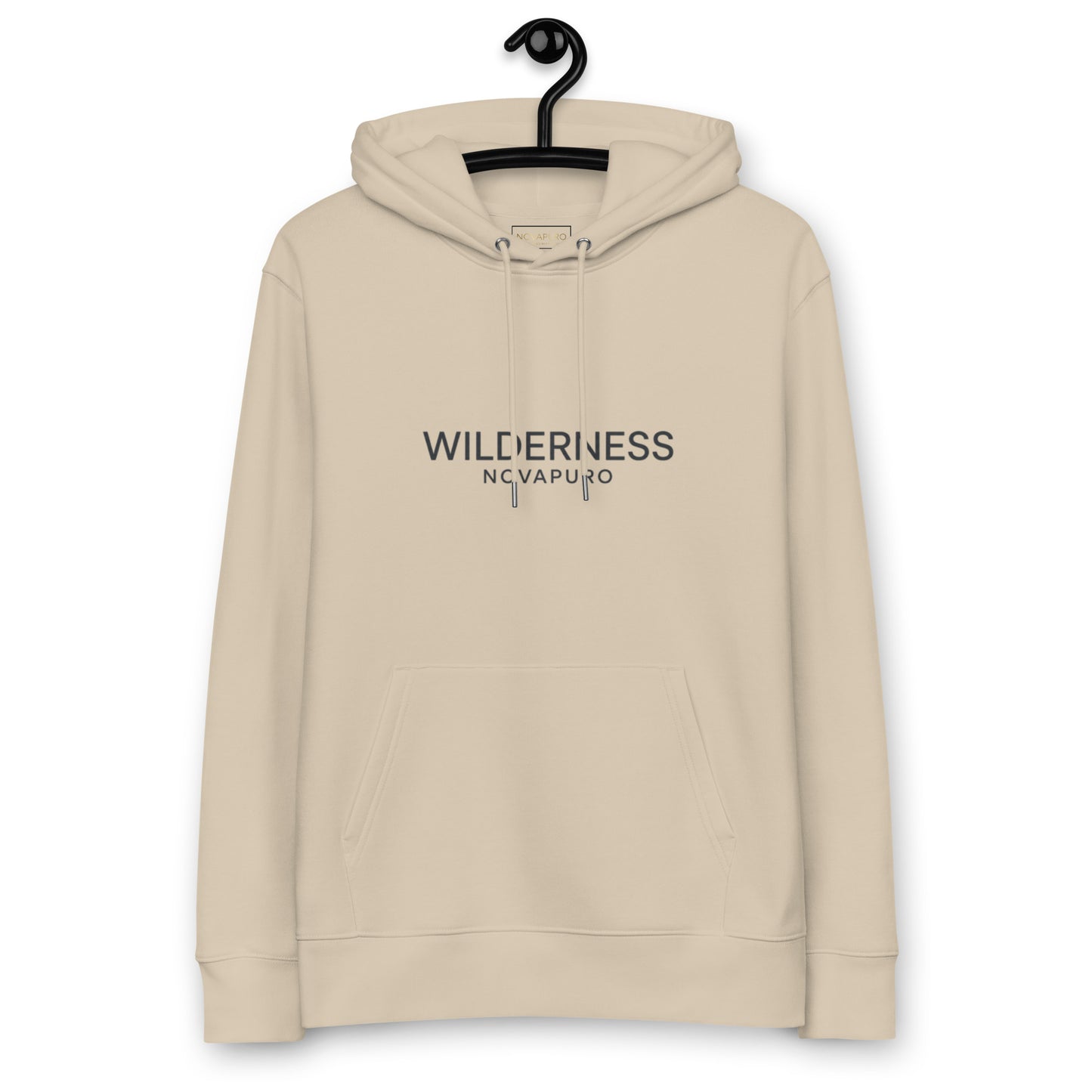 Sustainable beige organic cotton hoodie featuring minimalist Wilderness typography by Novapuro.