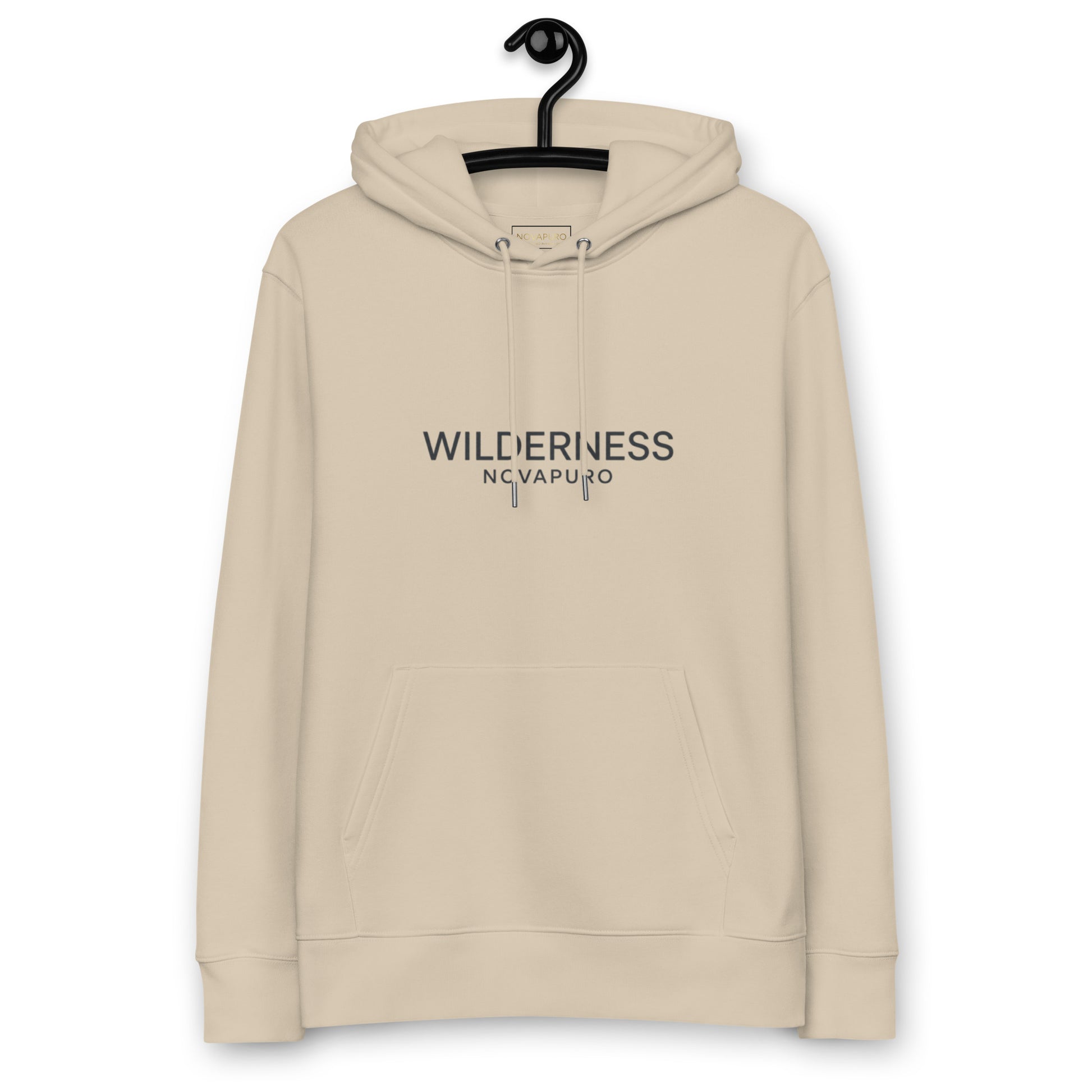 Sustainable beige organic cotton hoodie featuring minimalist Wilderness typography by Novapuro.