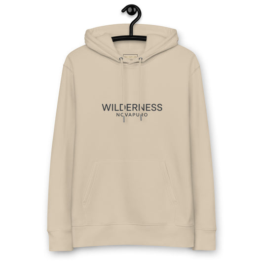 Sustainable beige organic cotton hoodie featuring minimalist Wilderness typography by Novapuro.