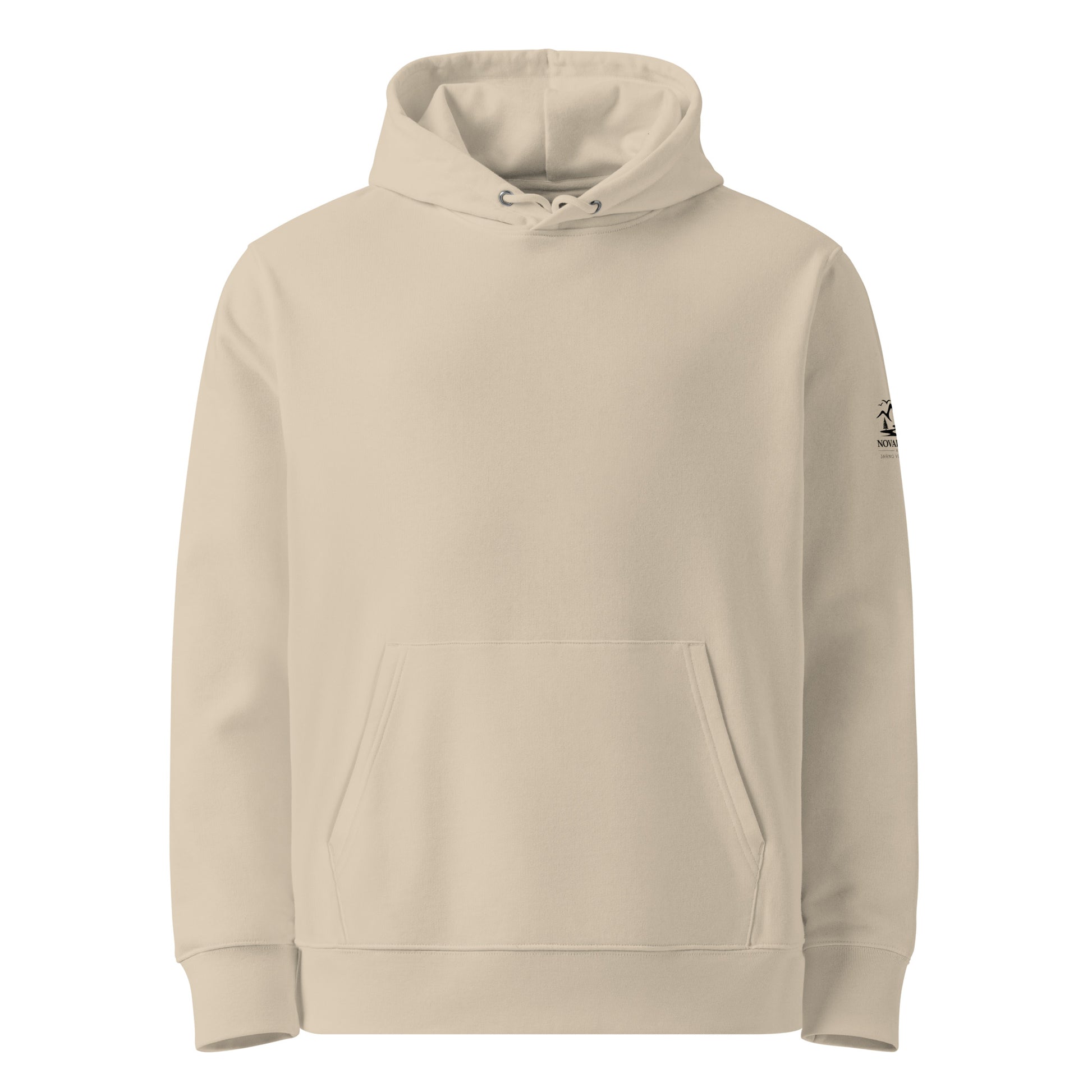 Front view of the minimalist sand-colored organic cotton eco hoodie from the Novapuro x Jarno Virtanen collection.