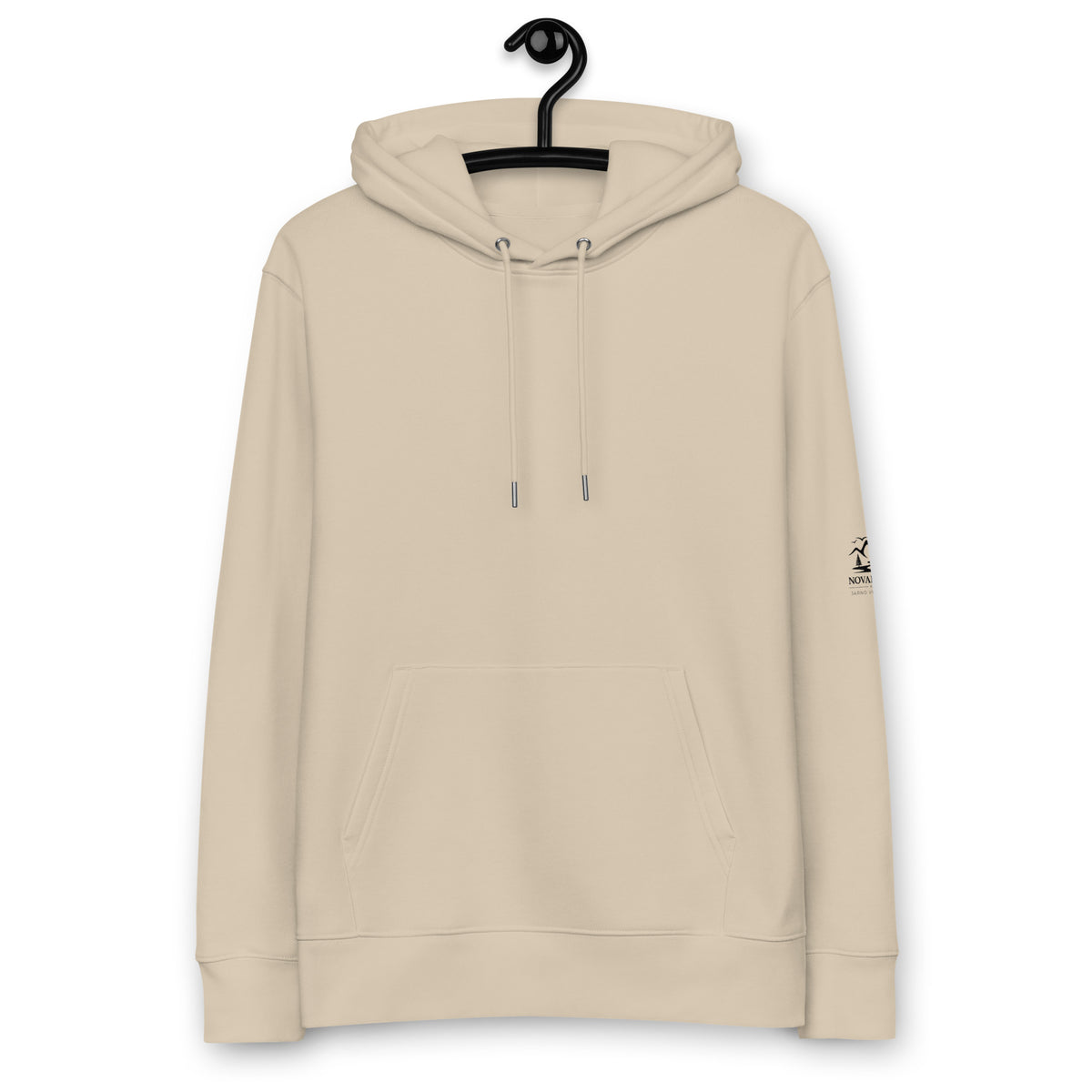 Front view of the minimalist sand-colored organic cotton eco hoodie from the Novapuro x Jarno Virtanen collection.