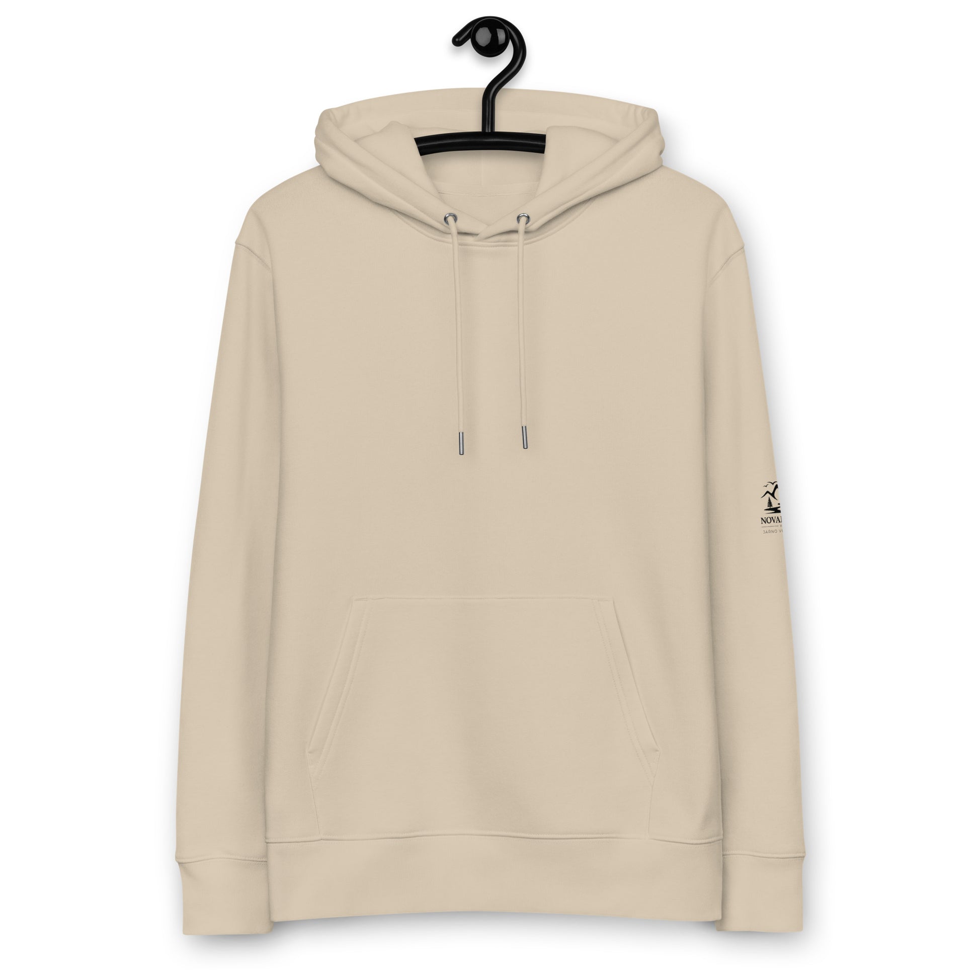 Front view of the minimalist sand-colored organic cotton eco hoodie from the Novapuro x Jarno Virtanen collection.