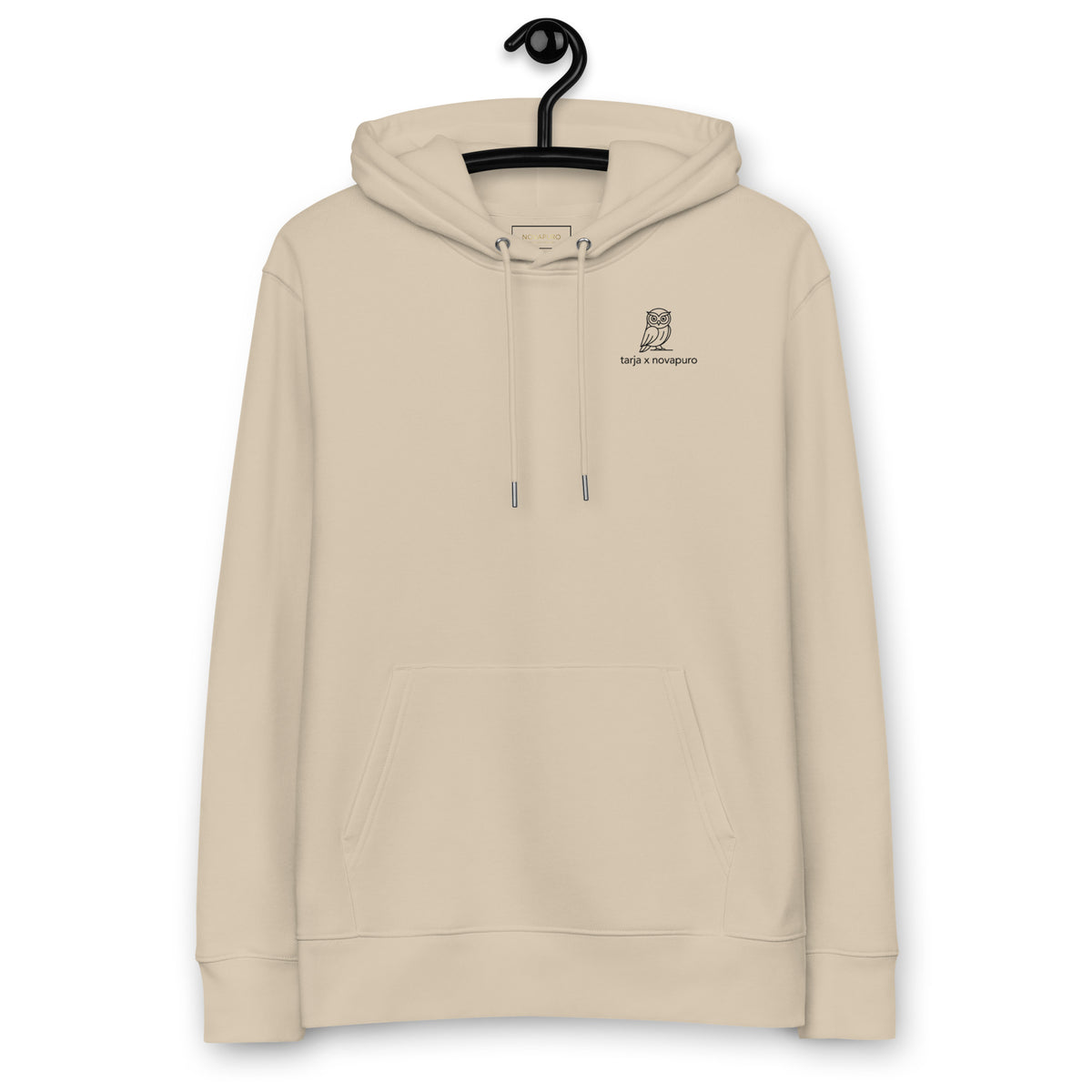 Front view of the sustainable Ural Owl eco hoodie made from GOTS-certified organic cotton, featuring a cozy front pouch pocket.