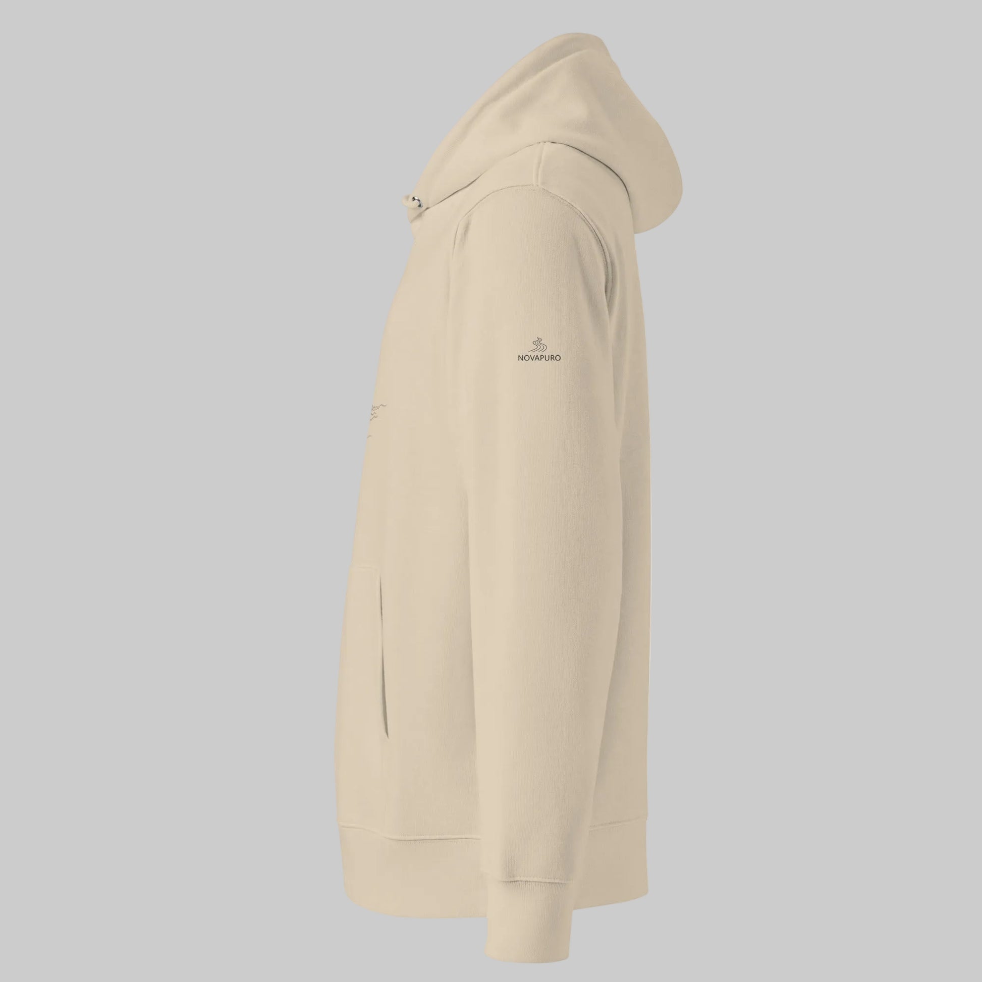 Model wearing the sandy beige Desert Dust Novapuro Archipelago Breeze 100% organic cotton eco hoodie
