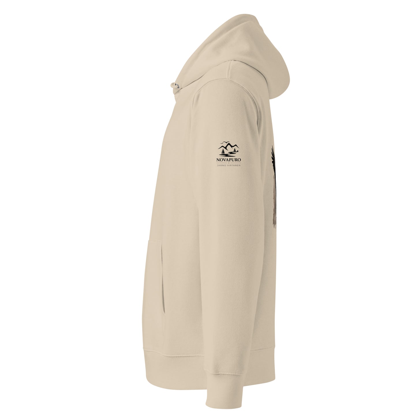 Side profile of the sand-colored organic eco hoodie showcasing the comfortable fit and premium sustainable fabric.