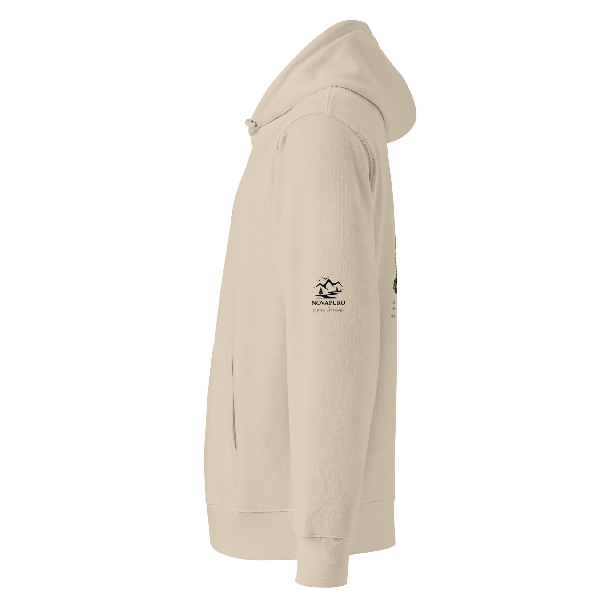 Side view of the sand-colored organic eco hoodie showcasing the double-layered hood and premium sustainable fabric.