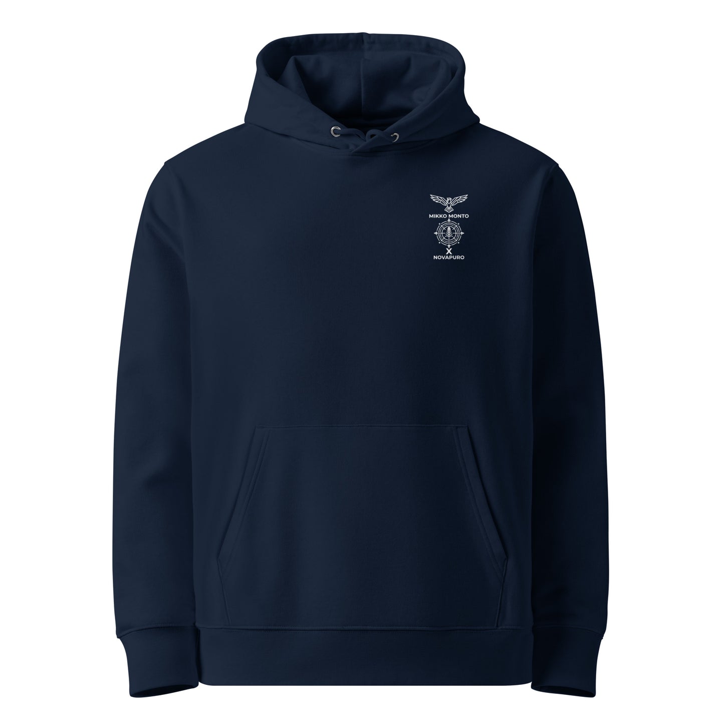 Front view of a black organic hoodie with a detailed Long-eared Owl wildlife stippling art print.