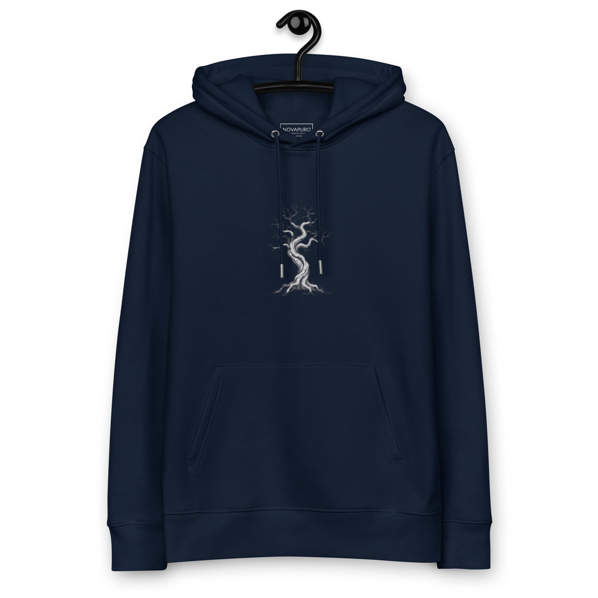Sustainable dark blue heavyweight organic cotton hoodie with minimalist Nordic kelo pine tree design by Novapuro.